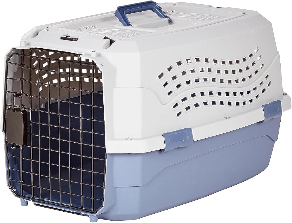 Amazon product image of Amazon Basics Sturdy Portable 2-Door Top-Load Hard-Sided Pet Travel Carrier with Secure Ventilation, Handle, Front & Top Entry for Dogs, Cats, 22.8"L x 15"W x 13"H, Gray & Blue