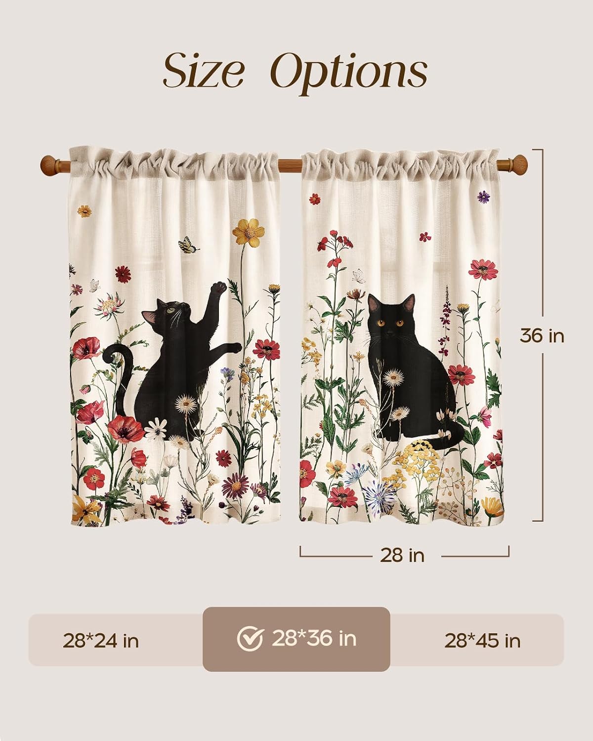 Miss Adola 36 Inch Length Kitchen Tier Curtains, Floral Cat