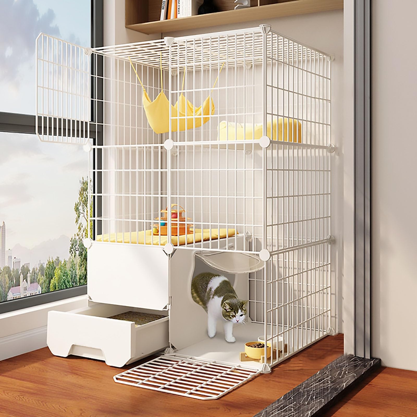 Gabbia per Gatti, Grande Gabbia per Gatti da Interno - Recinto Fai-da-Te per Gatti con lettiera per 1-2 Gatti, furetti, cincillà, Conigli - Spaziosa Recinzione in Filo Metallico 75x39x109 cm