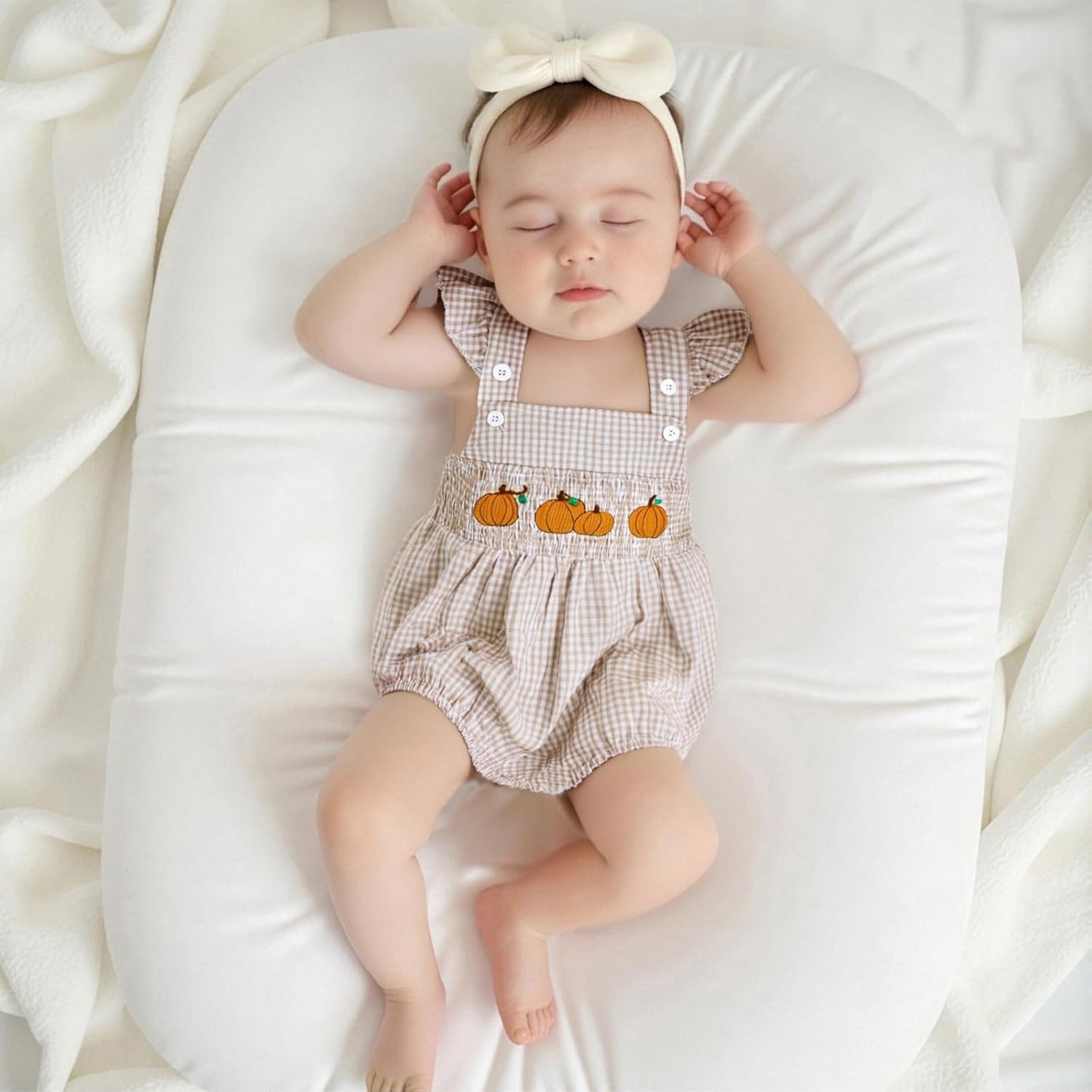 Newborn Baby Girls Halloween Outfits Pumpkin Embroidery Pleated Checkered Romper Jumpsuit Bodysuit Fall Clothes - Image 2