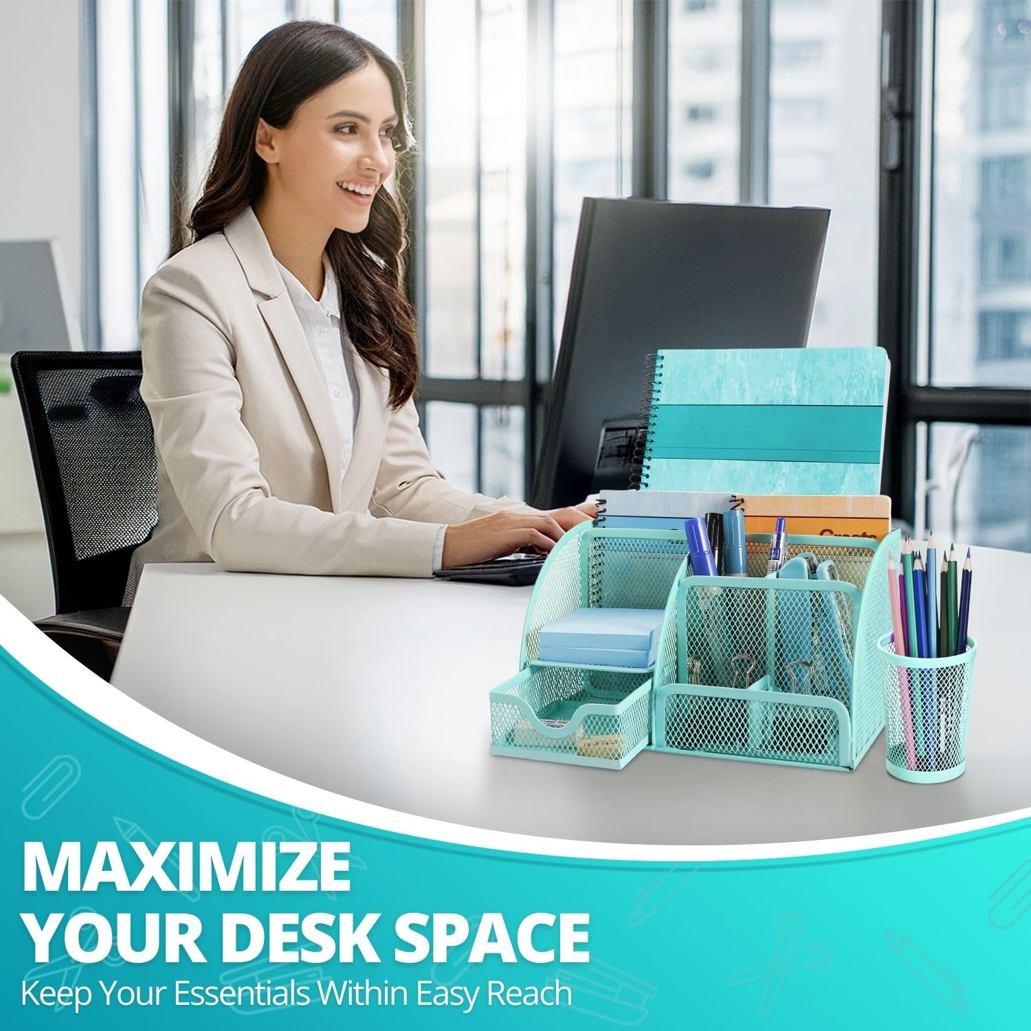 Flexzion Desk Caddy Organizer Set (Green), Metal Mesh Desktop Caddy with Drawers, 6 Compartments - Image 3