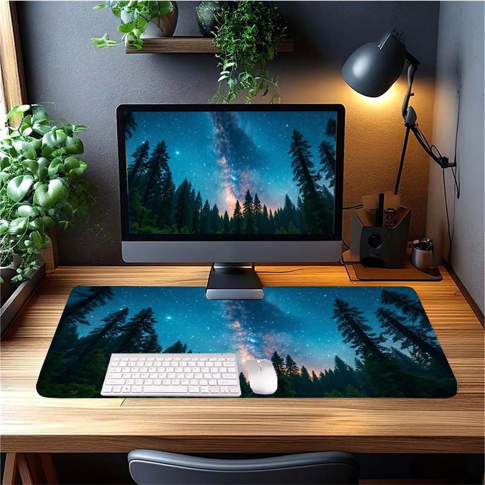 Alfombrilla Ratón Bosque Cielo Estrellado Alfombrilla Ratón XXL 1400x600x3mm Mouse Pad Resiste Salpicaduras, Extendida de Gran Tamaño con Bordes Cosidos, Mejora la Precisión y la Velocidad y-411