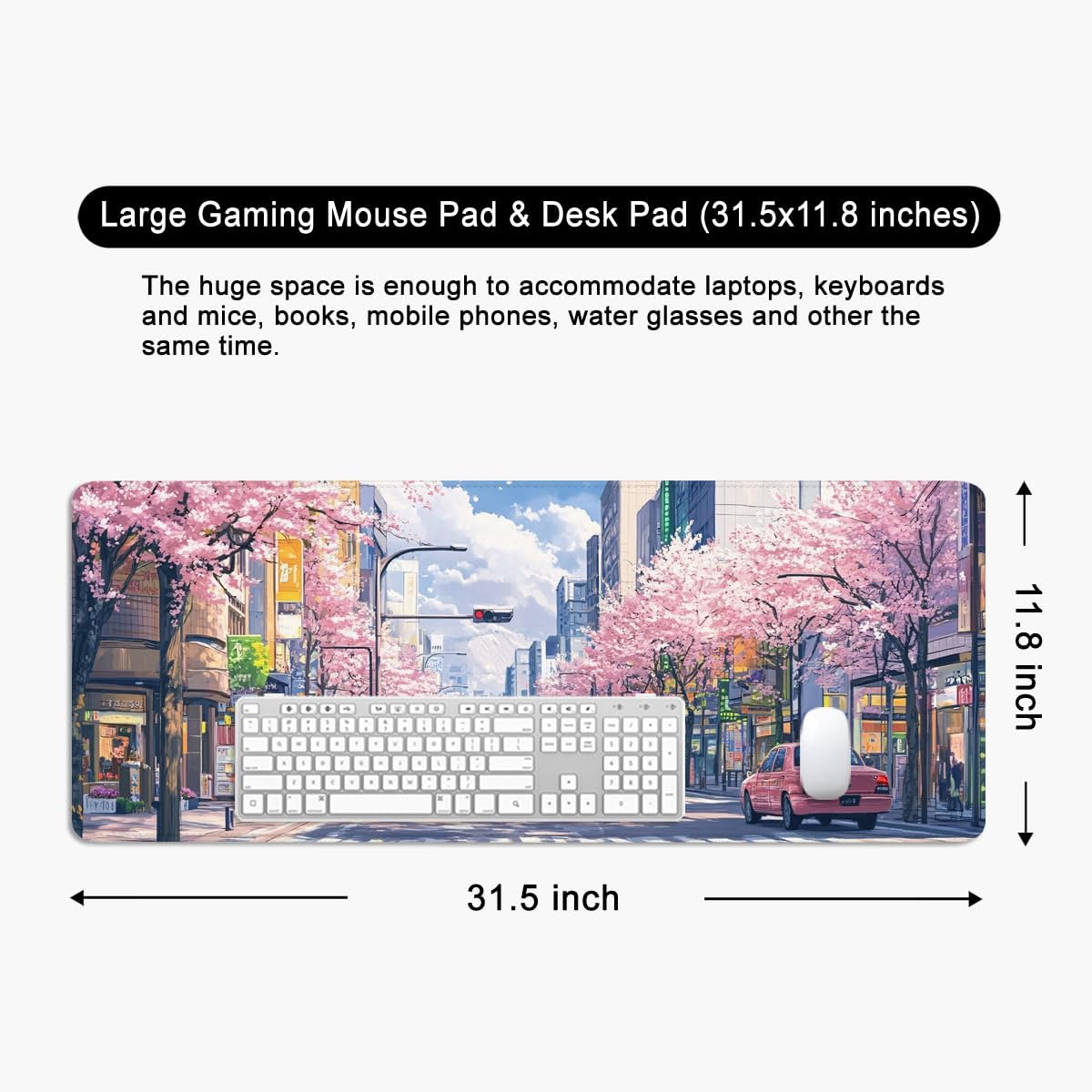 Japan Large Mouse Pad Cherry Blossom Desk Pad Anime Desk Mat XL Flower Gaming Mouse Mat 31.5x11.8x0.12 inch (Japan Streets) image 5