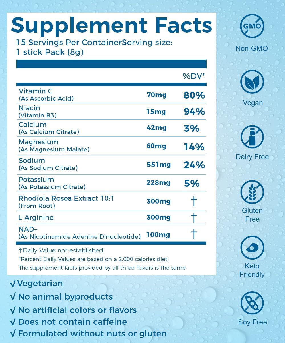 Electrolytes Powder Packets with NAD+ Supplement (Sugar Free) (Energy & Healthy Aging) Daily Hydration Drink Mix for Men & Women (Pack of 15, Orange)