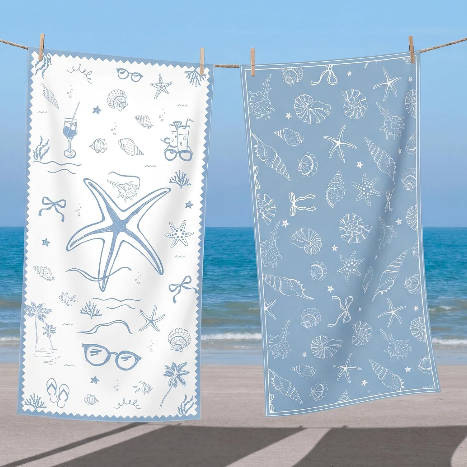 Gilprop 4 Pcs Last Toast on The Coast Bachelorette Beach Towels 60 x 30 Inches Blue Bow Starfish Seashell Coastal Towels for Wedding Bridal Shower Bachelorette Bridesmaid Party Favor