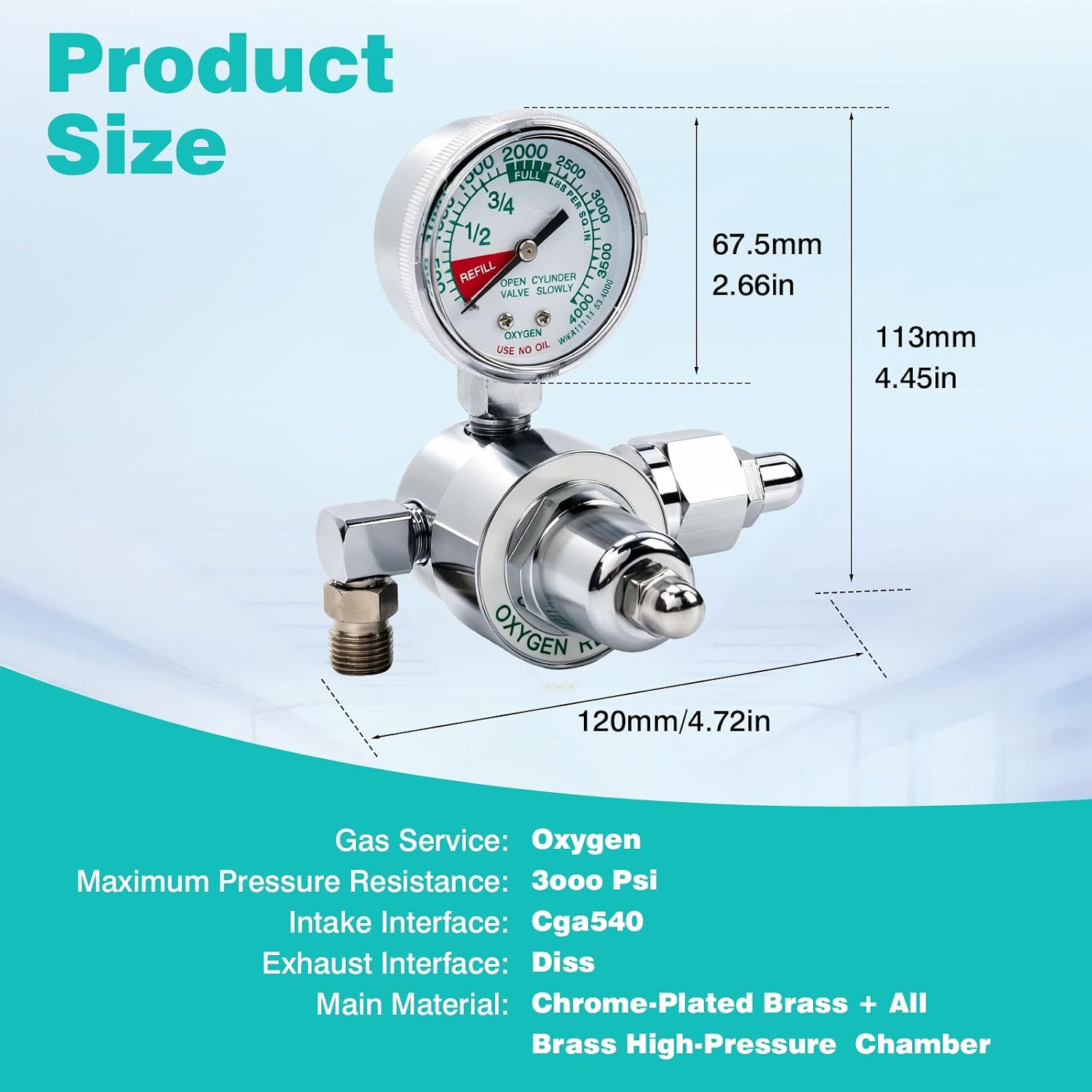 M1-540-P Oxygen Regulator, M1 Series Preset Pressure O2 Regulator for Oxygen Concentrator & Tank, CGA540 Nut/Nipple Inlet, 3000 PSI, Chrome Brass Body