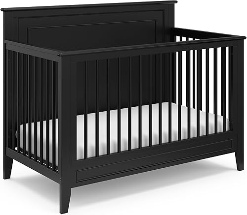 Storkcraft Solstice - Cuna convertible 5 en 1 (negro) Certificado GREENGUARD Gold, se convierte en cama para niños pequeños y cama de tamaño
