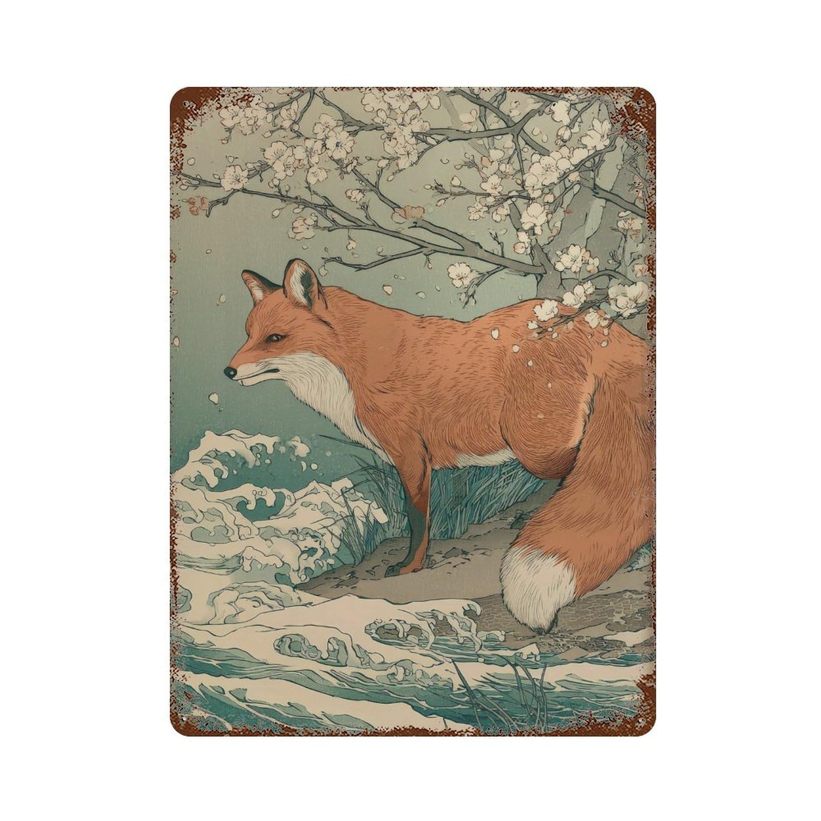 xiaoxiaoshen Fox Animal Illustration. Japanese Ukiyo Wall Decor Art Metal Tin Poster Modern Home Decor Art Home Bar Shop Decorations Vintage Sign 40x30cm