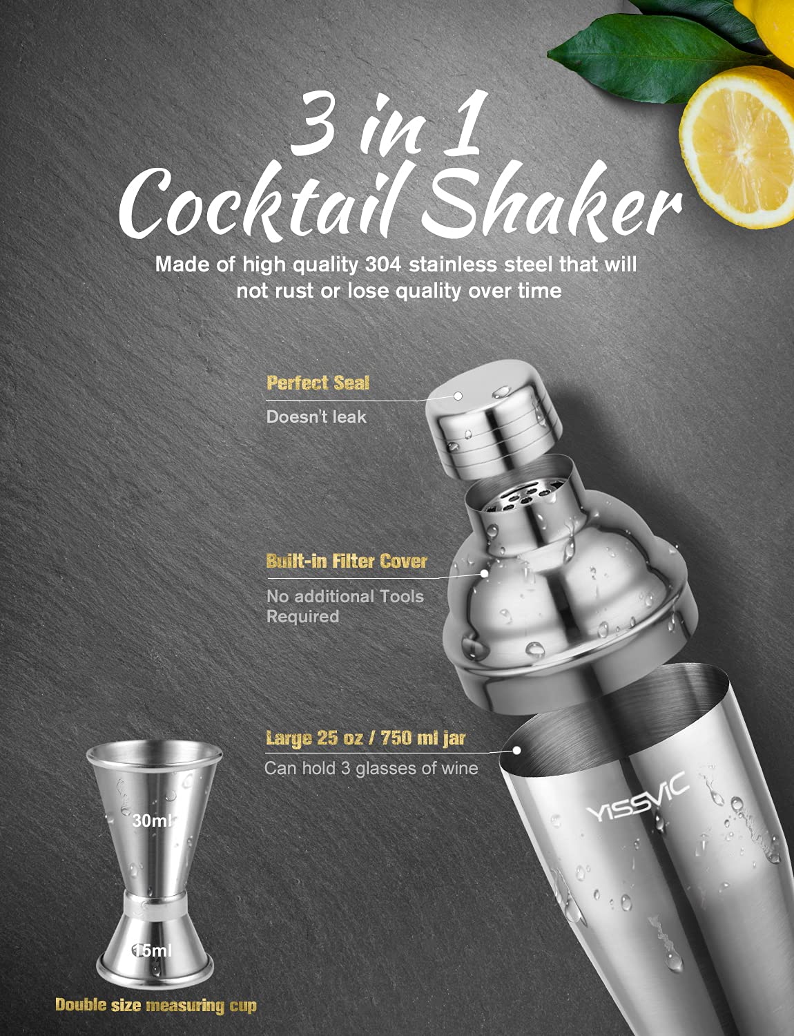 YISSVIC Coctelera para Cócteles 22Pcs Juego de Coctelera 750ml Juego de Herramientas de Barra de Acero Inoxidable Juego de Bartender con Soporte