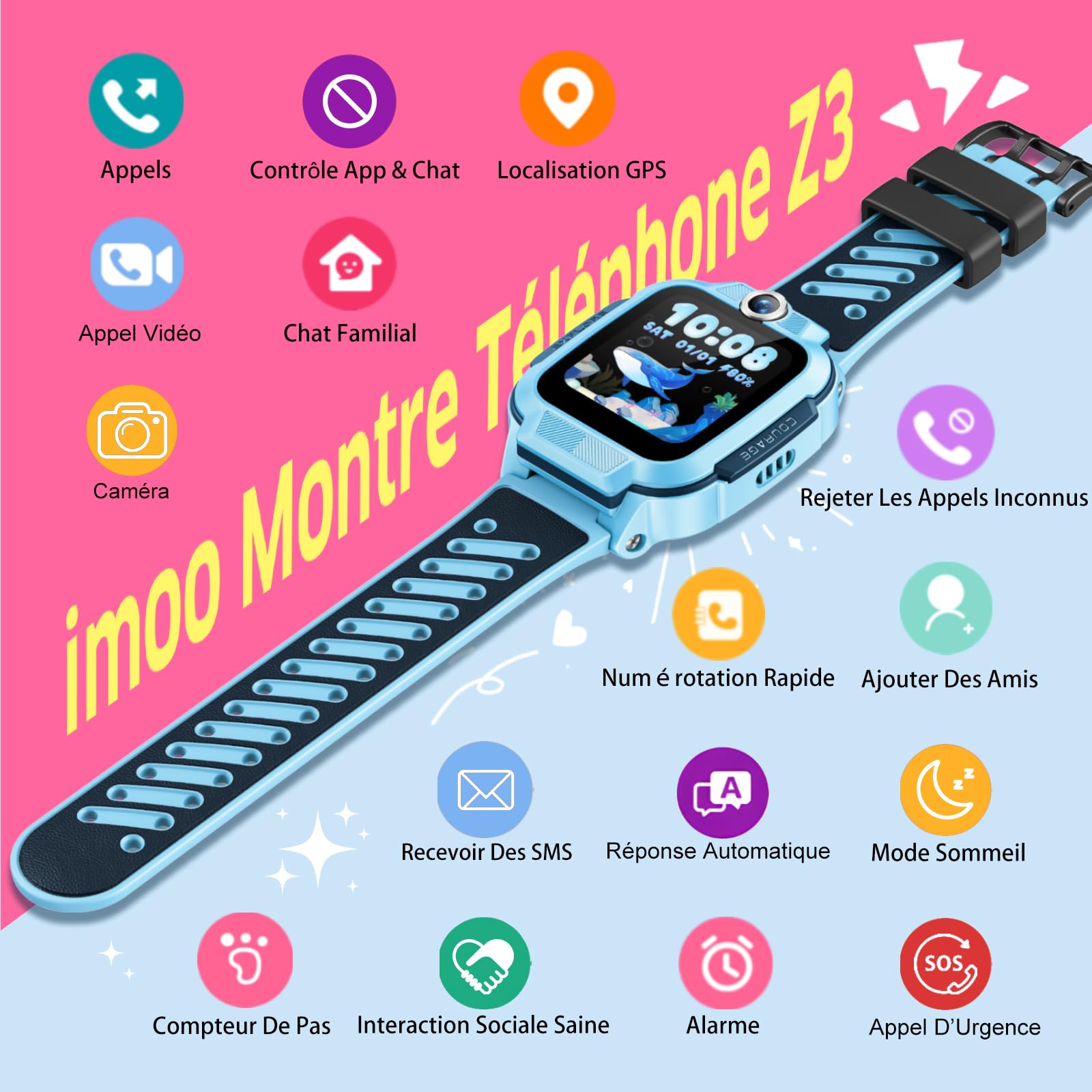 imoo Z3 Montre Connectée Enfant 4G avec GPS & Carte SIM, Appels Vidéo, WiFi, SOS, Étanche IP68 – Montre Téléphone pour Filles et Garçons(Bleu)