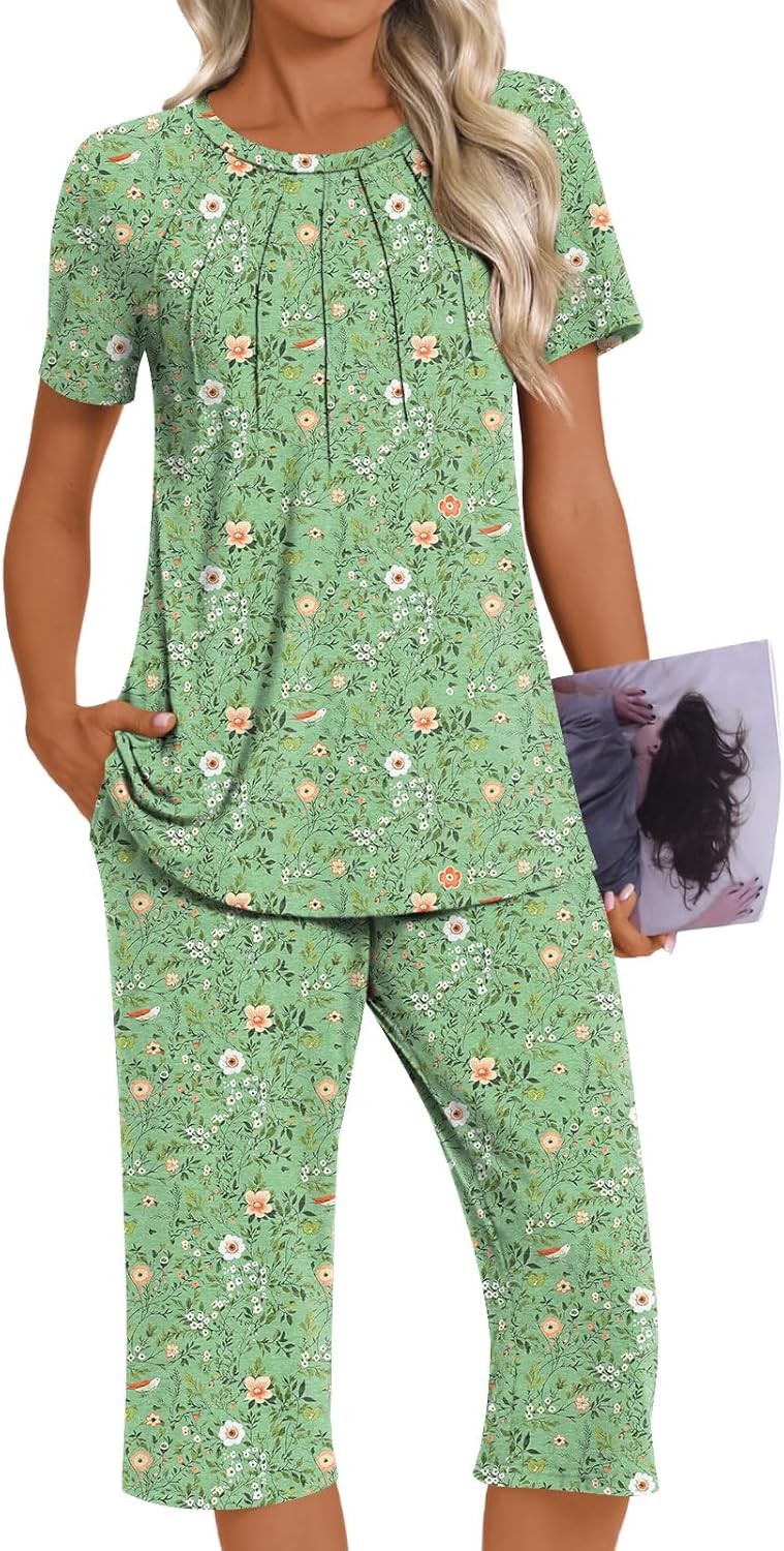 Womens Summer 2 Piece Pajama Sets 2026 Casual Loungewear Short Sleeve Sleepwear with Pockets - Image 2