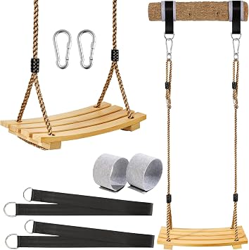 SimpleArt Wooden Swing Seat, 16.97.8in Outdoor Wood Swing with Adjustable Rope, Tree Straps Set Accessories for Backyard, Playground, Garden or Home