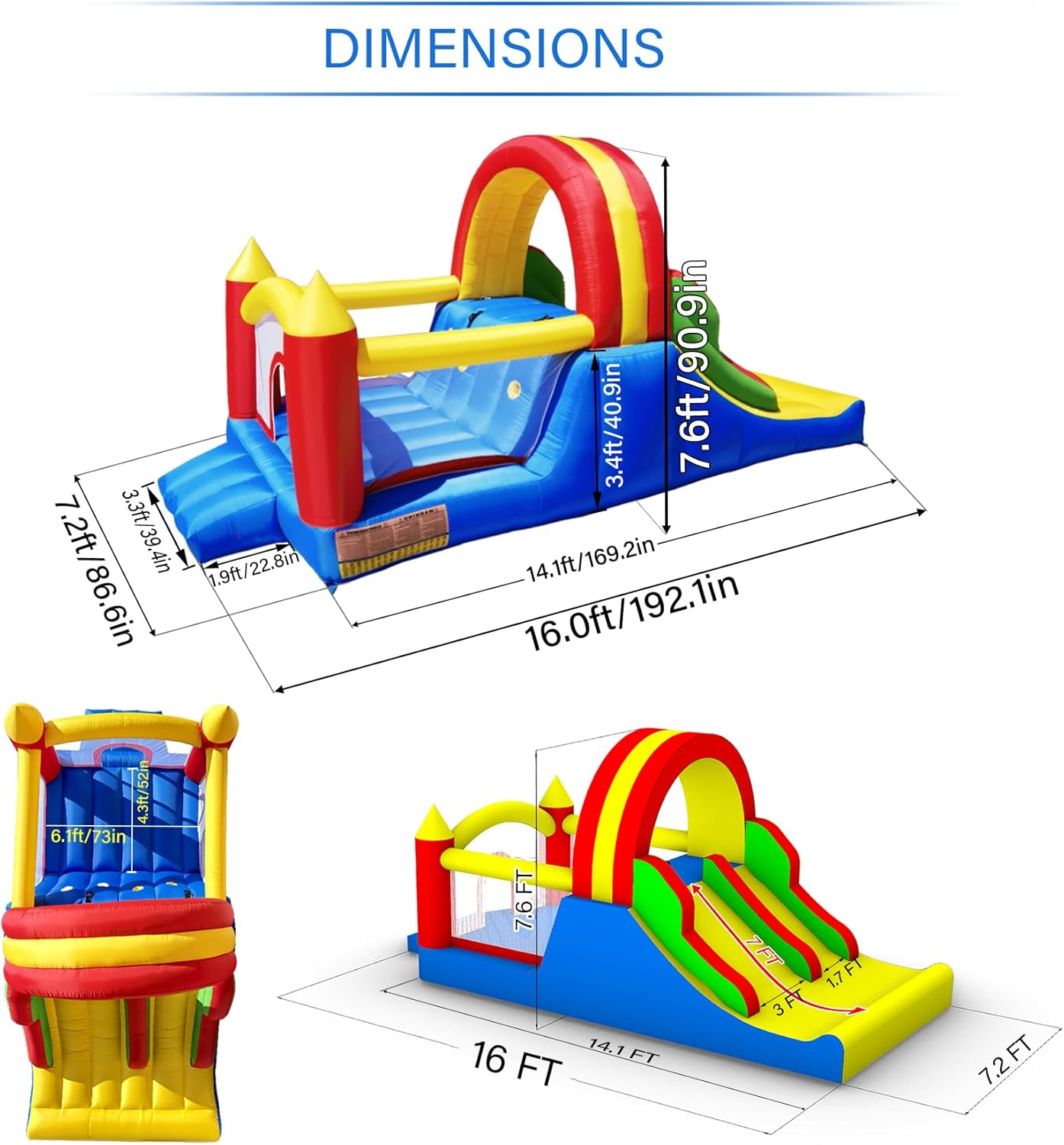 HuaKastro 16x7.2FT Inflatable Bounce House with 2 Racing Slides & Large Climbing Wall, 3 in 1 Kids Inflatable Trampoline Rainbow Jumping Castle Kids Backyard Playgrounds - with Air Blower