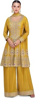 Miss Ethnik Women's Yellow Chinon Stitched Top With Bottom and Dupatta Full Sleeve Embroidered Kurta Palazzo Set Price In India