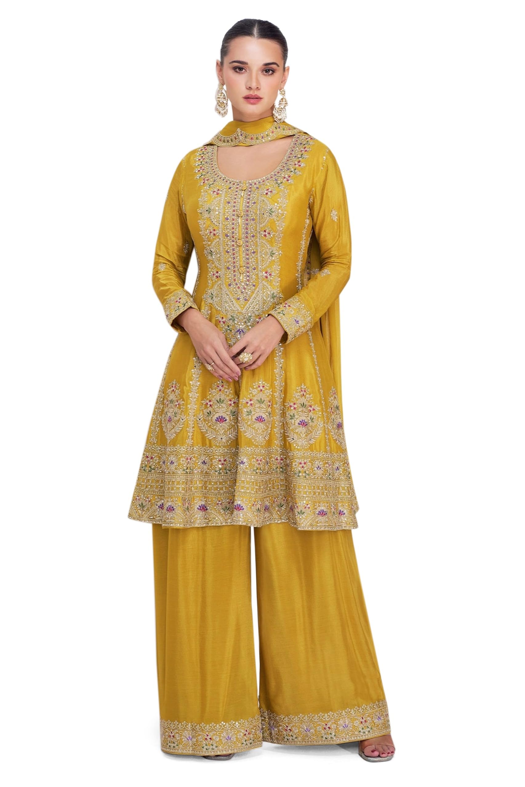 Women's Yellow Chinon Stitched Top With Bottom and Dupatta Full Sleeve Embroidered Kurta Palazzo Set-image-21