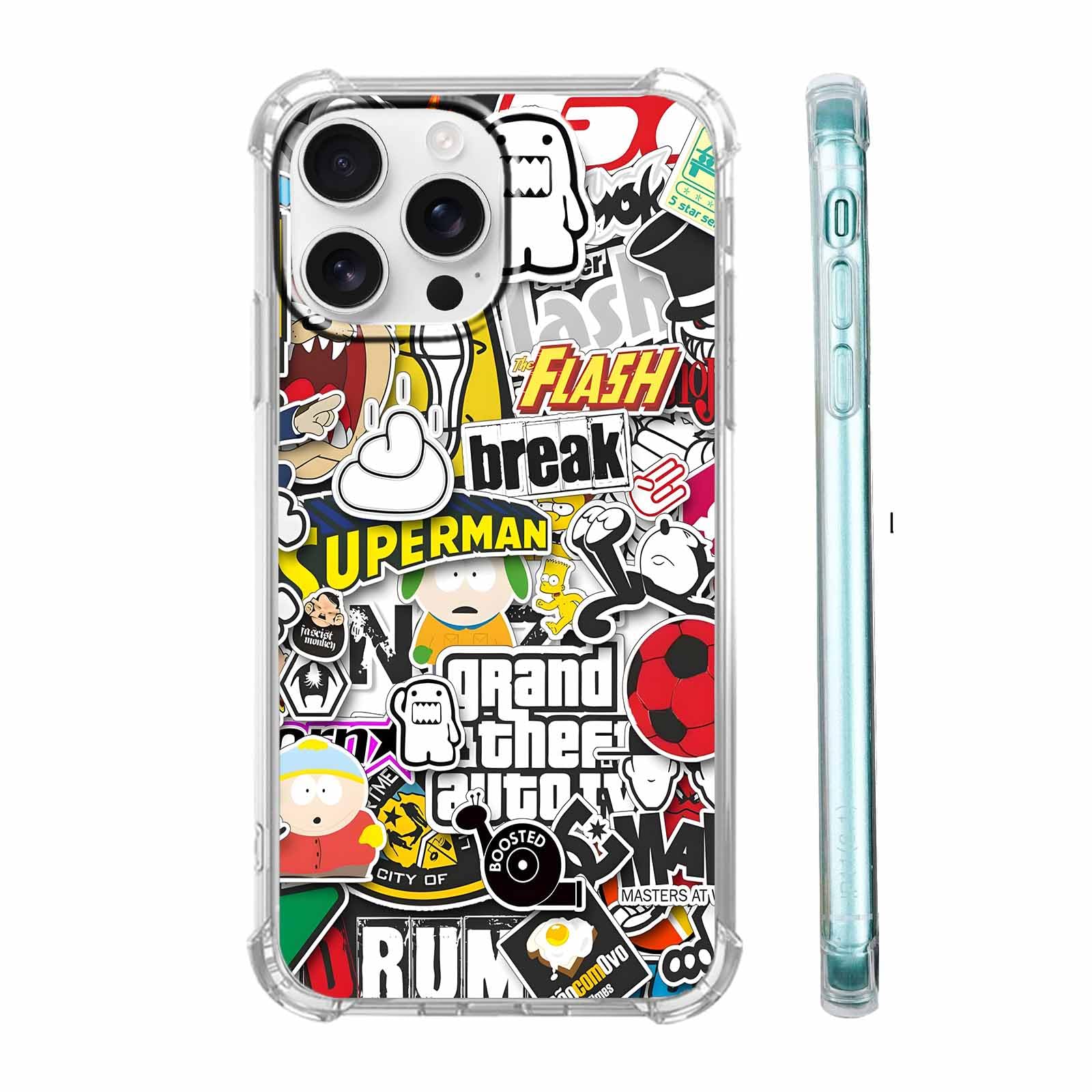 Tobelint Case for iPhone 16 Pro Max with Pop Culture Design,Aesthetic Cartoon Sticker Bomb Art Collage Pattern for Men Women,Clear Slim Soft TPU
