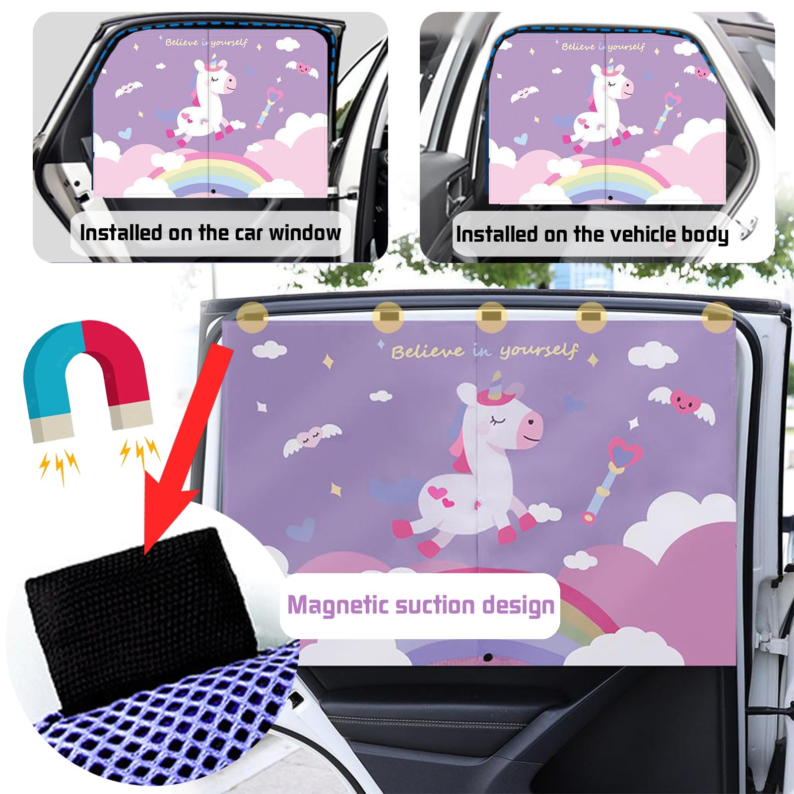 Pare-soleil Voiture Licorne Magnétique – 2 Pièces – Protection UV Pour Bébé Et Enfants à L'arrière
