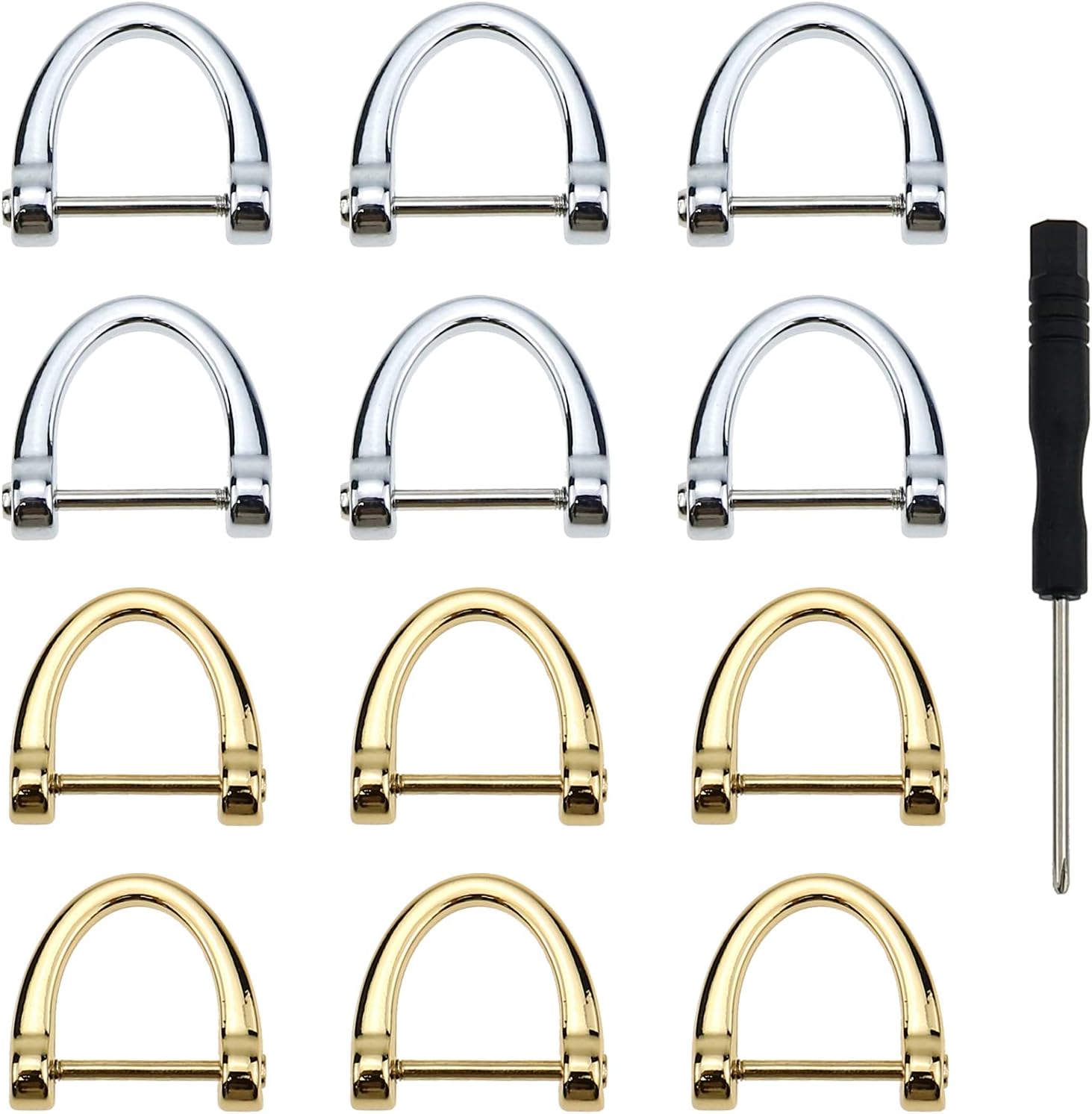 Luckycivia 12 Pack D-Rings, Horseshoe Shape D Ring, U Shape D Rings, Screw in Shackle Semicircle D Ring for DIY Leather Craft Accessories, Silver and Gold (1x1 inches)