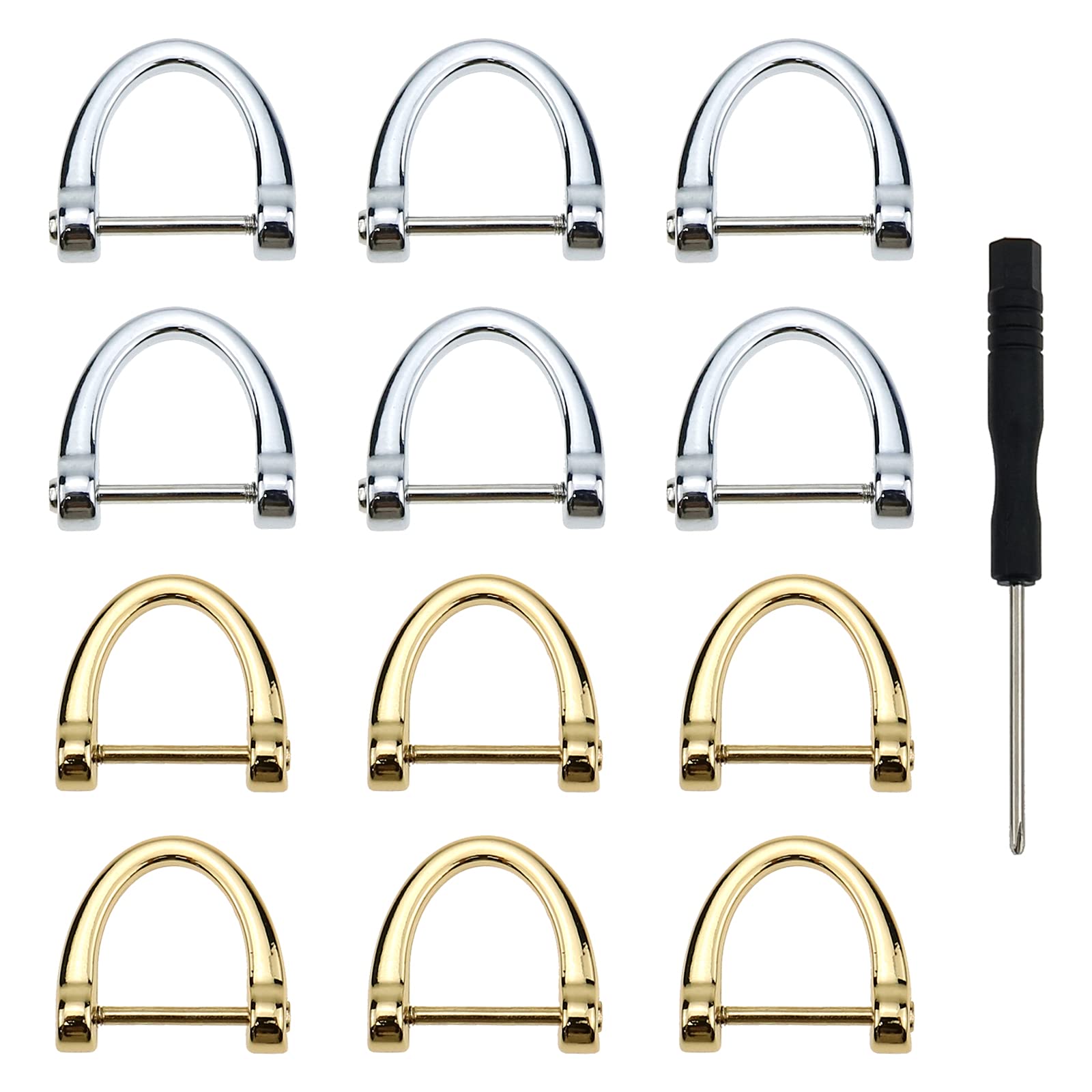 Luckycivia 12 Pack D-Rings, Horseshoe Shape D Ring, U Shape D Rings, Screw in Shackle Semicircle D Ring for DIY Leather Craft Accessories, Silver and Gold (1x1 inches)