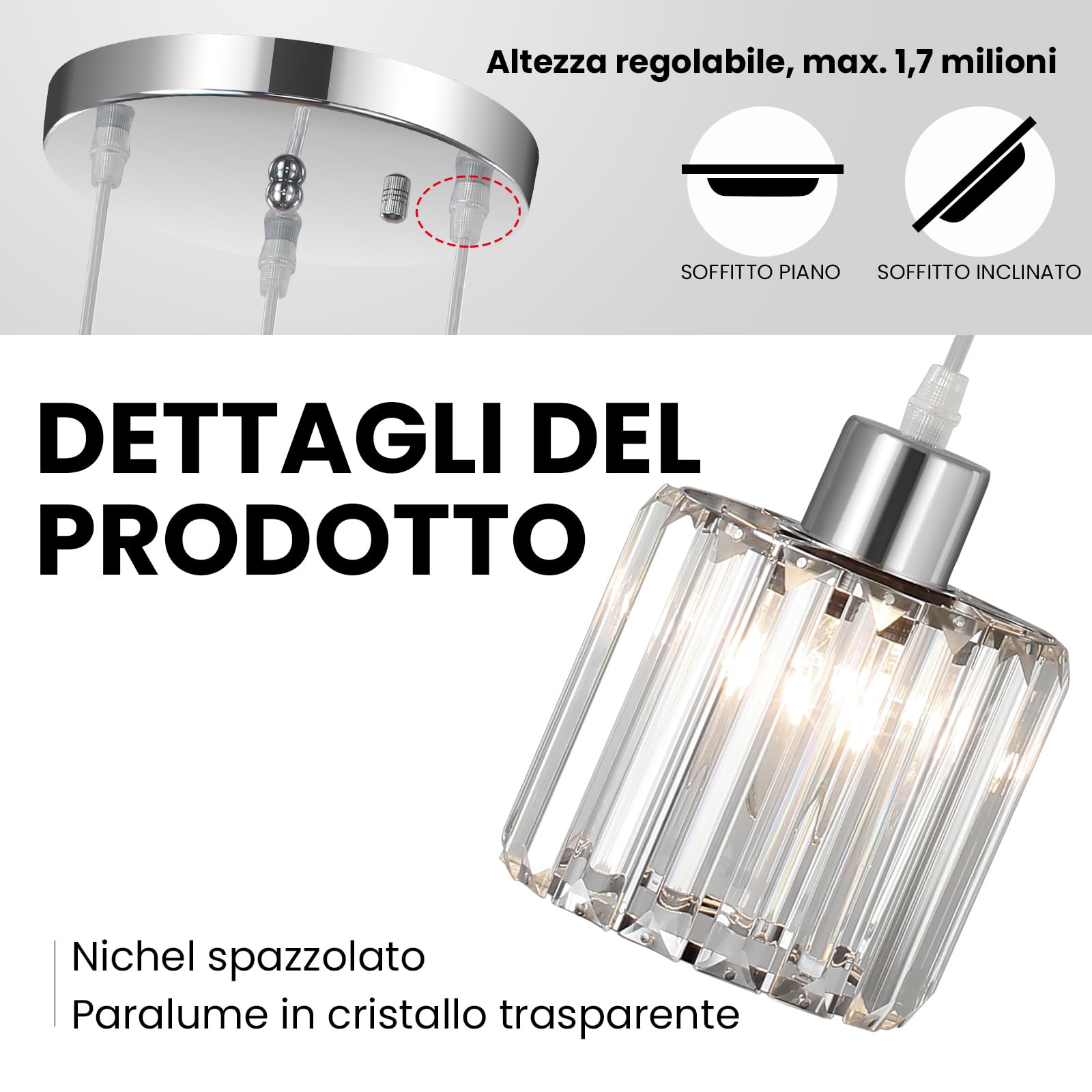 Lampadario a sospensione cristallo 3 luci,Lampadari moderni cromo,E27 Lampadario Camera da letto,regolabile in altezza,Lampada per Soggiorno,Cucina,Bagno,Corridoio,Sala da Pranzo