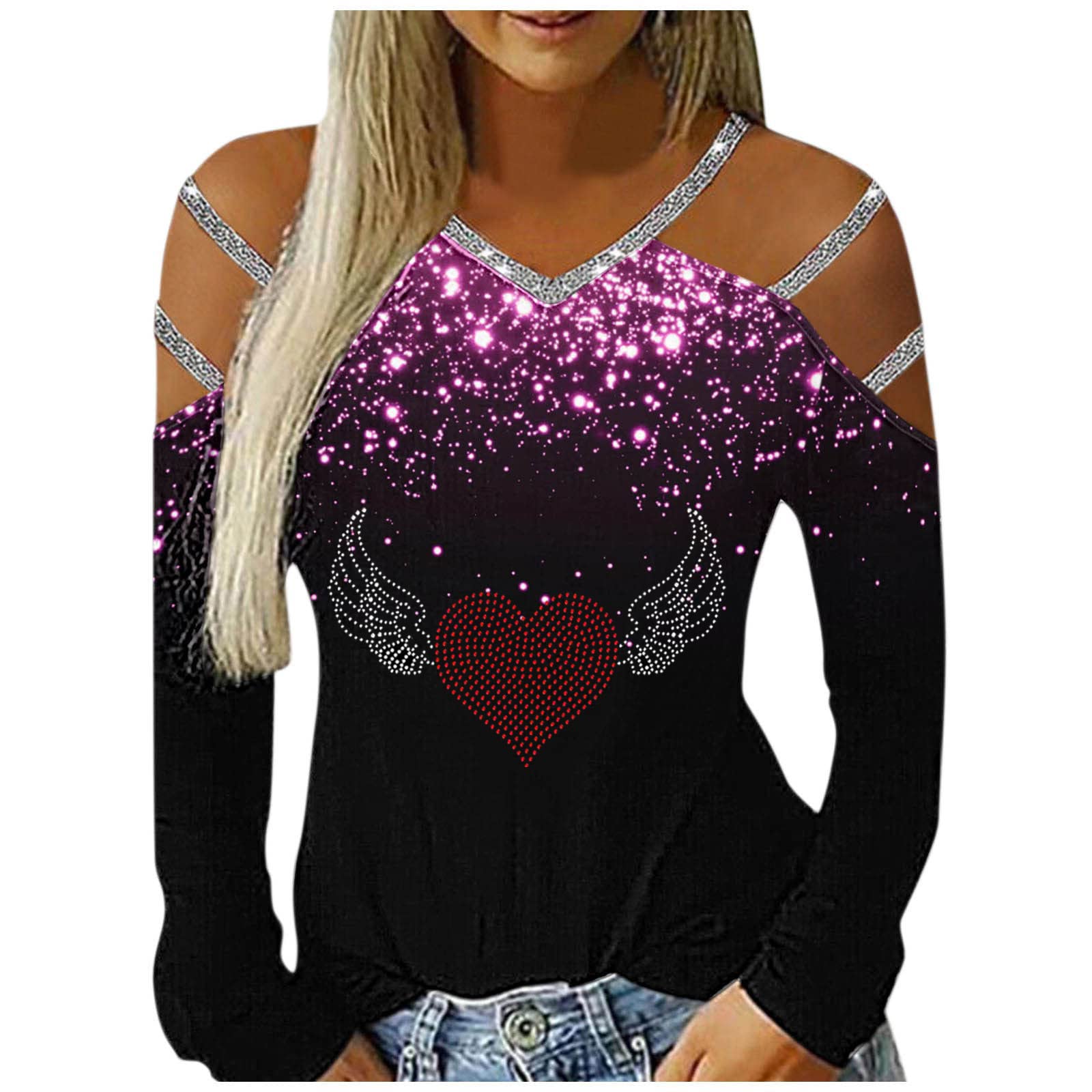 SDERGTube Tops Women Sale UK Casual V Fashion Women's Casual Rhinestone Printing Top Hollow Out Long Sleeve V Neck Off Shoulder Tee Shirt Top Blouse V Neck T Sweater Pullover
