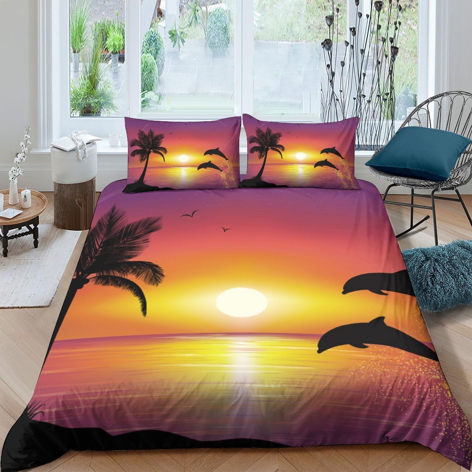 Ctjqhvkz Style-6 3D Printed Sunset Beach Fitted Sheet Microfiber Soft Breathable Dolphin Ocean Mattress Cover For Bedroom Home Decor Single（135X200cm）