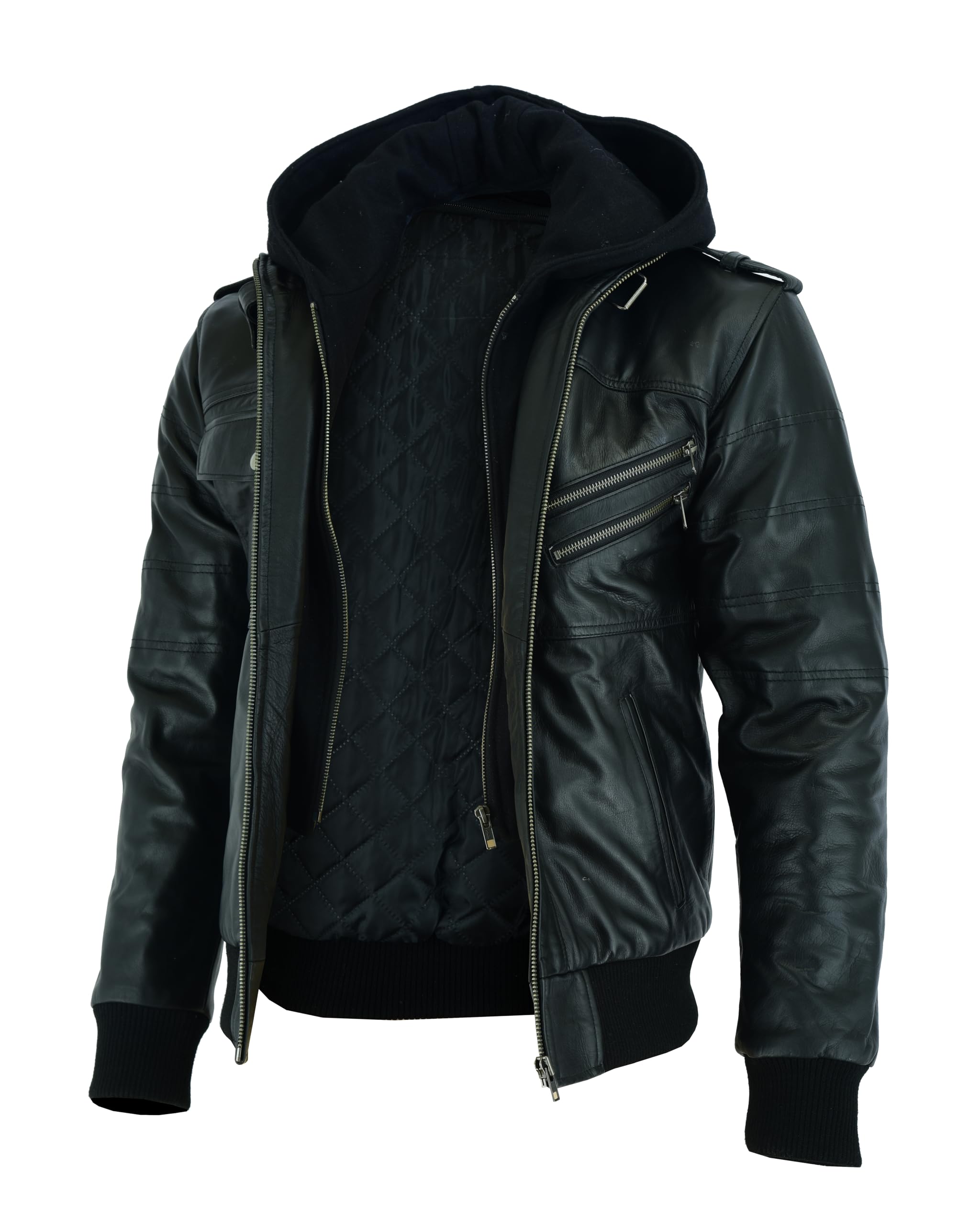 Vance Herren Echt Lederjacke aus 100% Rindsleder Abnehmbarer Hoodie