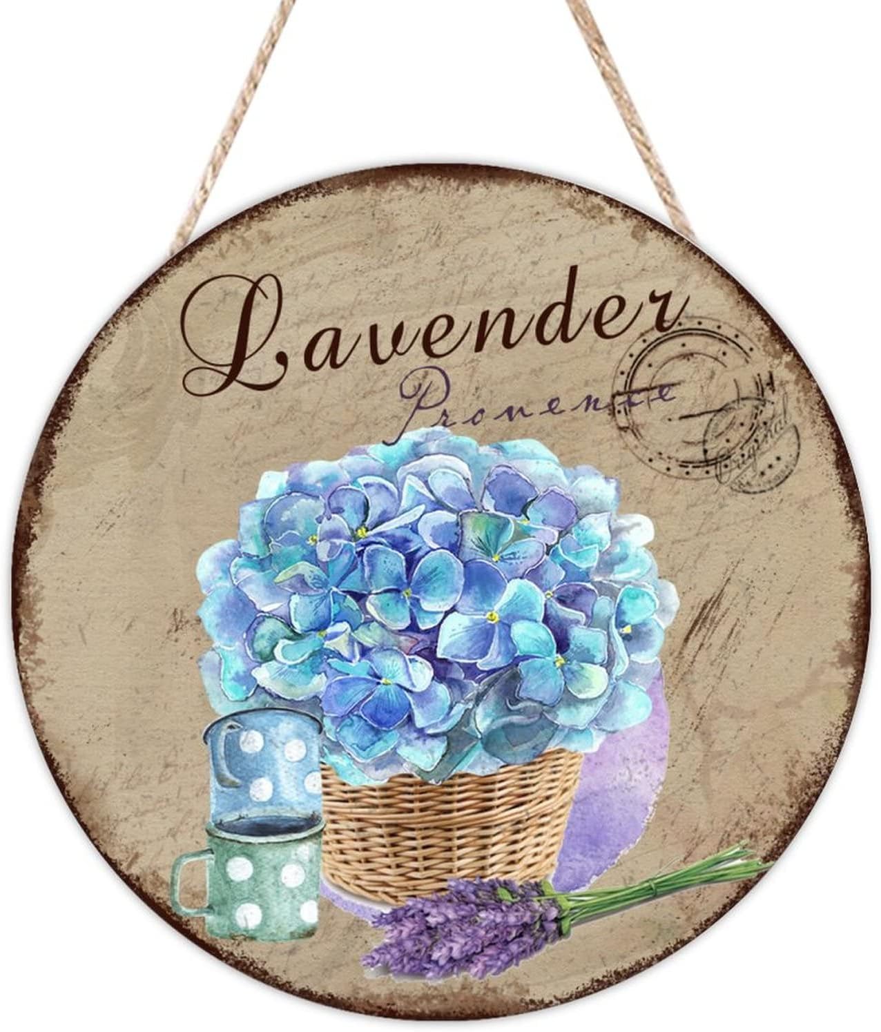 Floral Front Door Round Wood Sign, Lavender Wood Door Sign, Custom Calligraphy 16x16in Wall Hanging Sign Plaque for Front Door Entryway Porch Bar Pub Farewell Party Housewarming Gifts