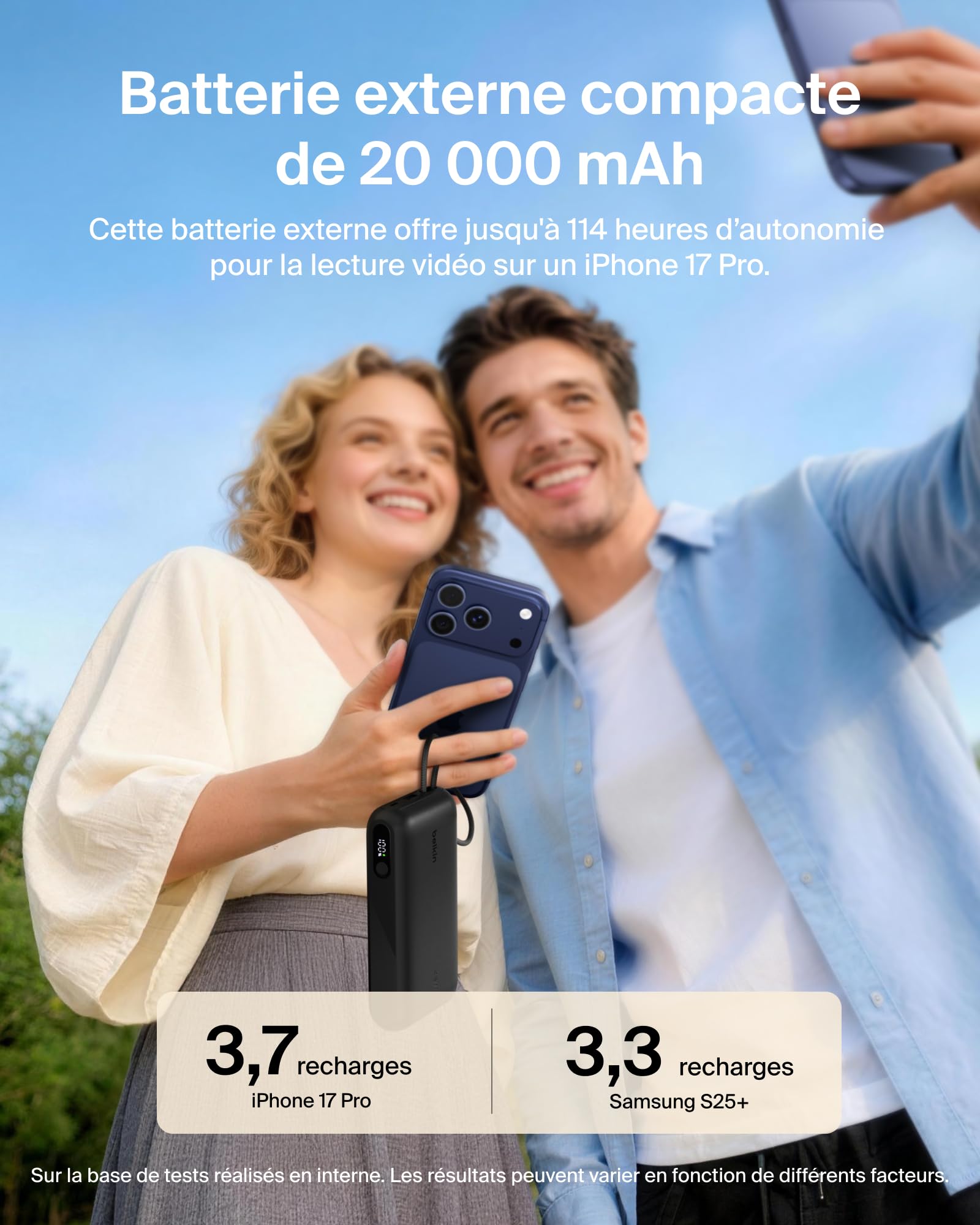 Belkin UltraCharge Batterie Externe 20K avec Câble USB-C Et Écran - Noir