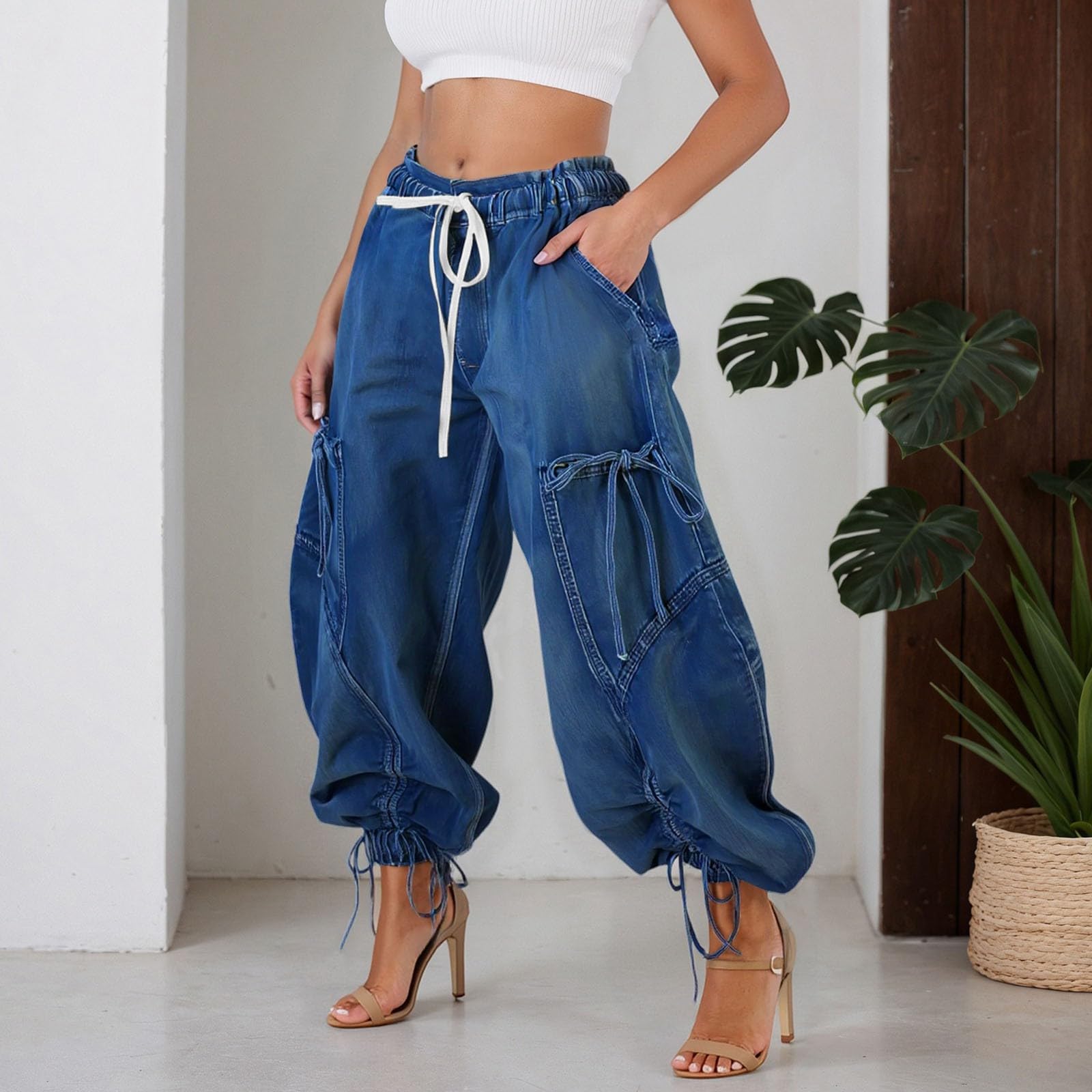 Genérico Vaquero Mujer - Vaqueros De Mujer Pitillo Pantalones Vaqueros Tobilleros Rectos con Cintura elástica y cordón Ajustable cómodos y Holgados