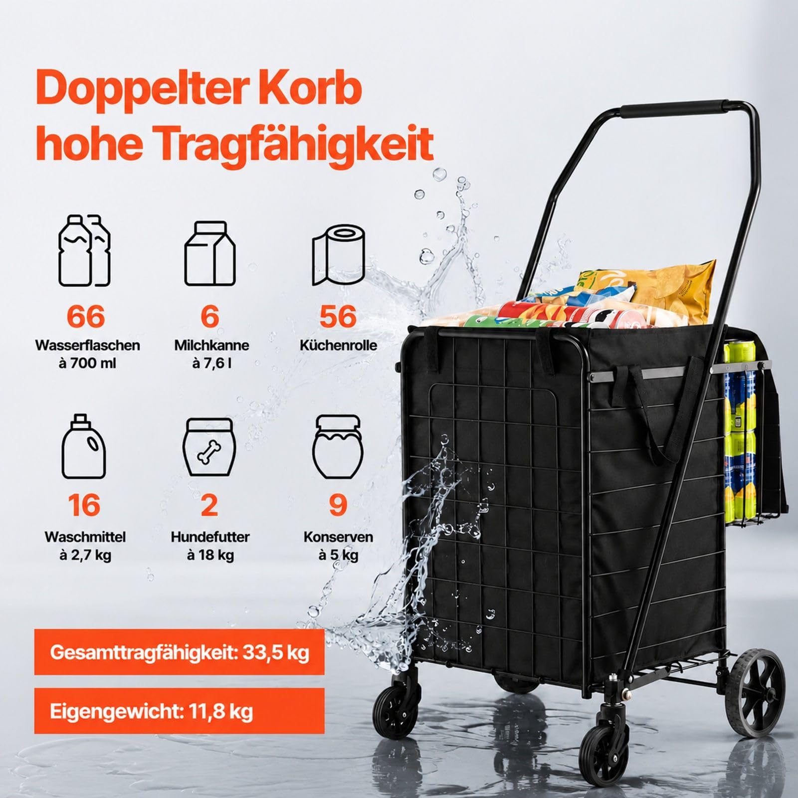 Zusammenklappbarer Einkaufsroller mit 2 Körben, Rollen und Auskleidung, für Wäsche, Einkaufen, Camping und Lebensmittel