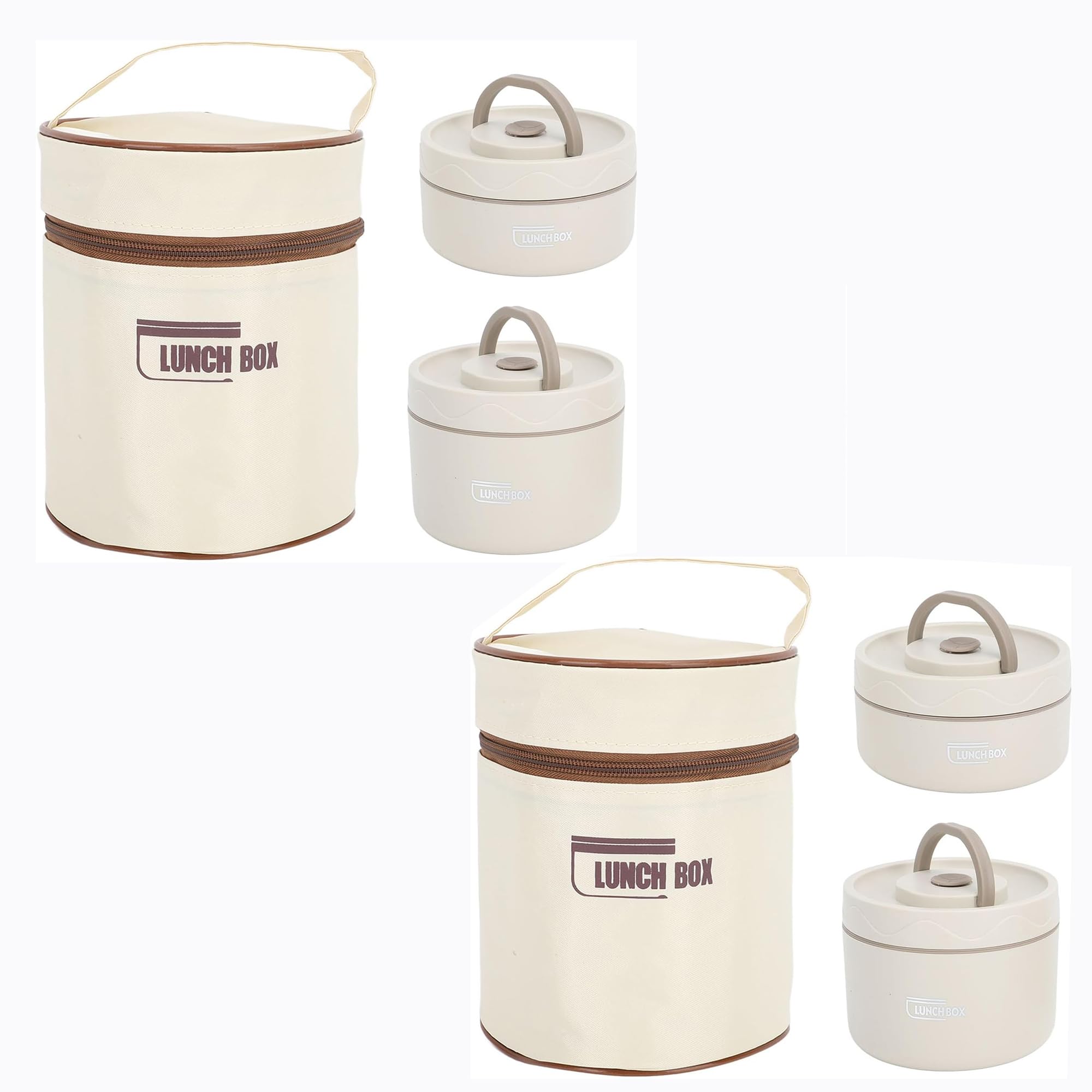 daiDokoro Plastic 2 Insulated Container Lunch Box Set with Thermal Bag & Cutler for Students/Office/College/Picnic - (Beige, 970 ML, Pack of 2)