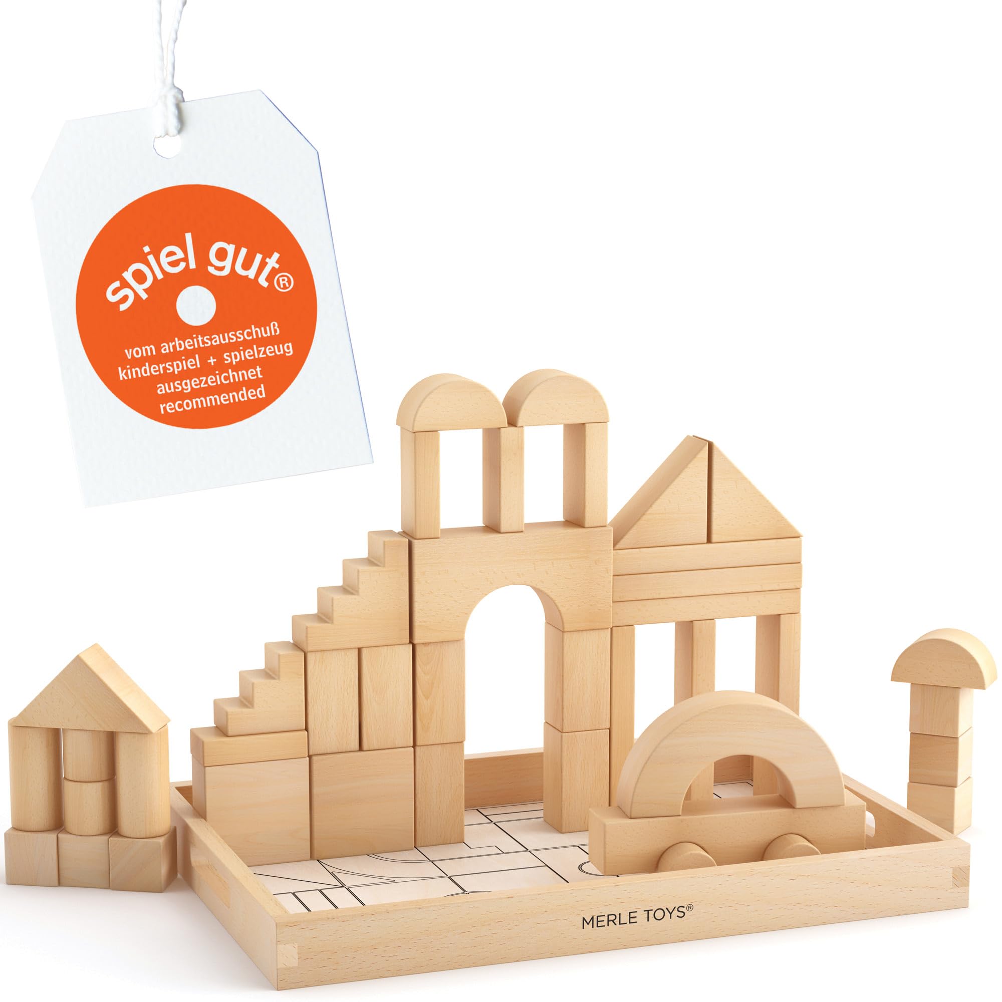 Merle Toys Premium Wooden Building Blocks for Kids  Large Wooden Blocks for Creative Play, Plain Wooden Blocks for Kids, Rounded Edges for Safe Play, 100% FSC-Certified Wood, Ages 2+, 46-Piece Set