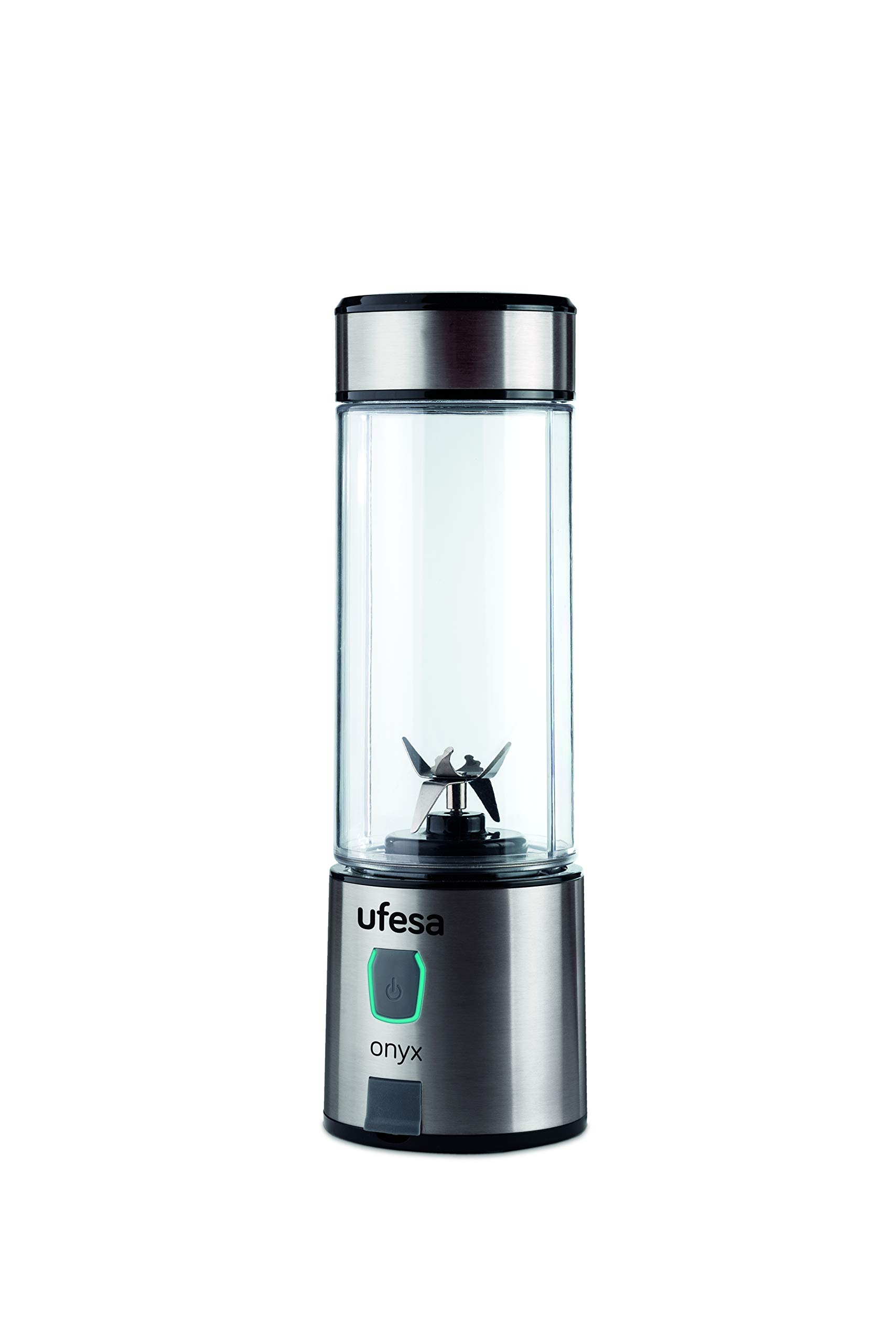 Ufesa BS2400 Onyx Frullatore da Tavolo Individuale Portatile, Ricarica via USB, Batteria da 5100 mAh, Bottiglia di Tritan da 400 ml, Corpo e Lame in Acciaio Inox, BPA Free