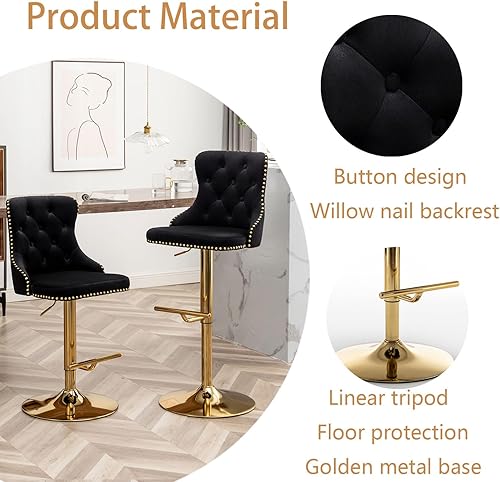 Miniatura 5 de Riknuxi Juego de 4 taburetes de bar de terciopelo, taburetes de bar de altura de mostrador con borde de botón y cabezas de clavos, taburetes de bar