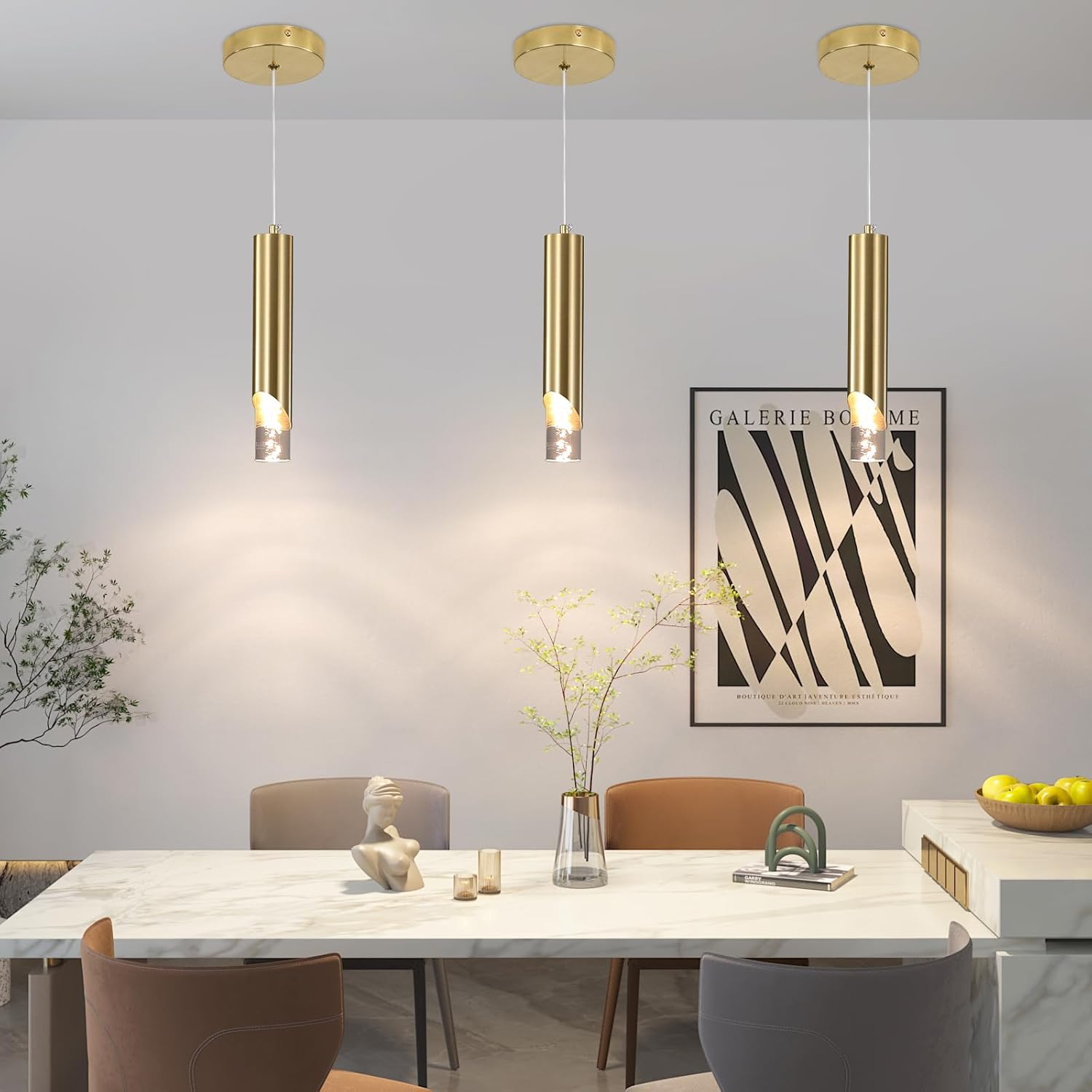 3 Pack Modern Gold Pendant Light Fixture, Acrylic Bubble Cylinder Hanging Lights, 3 Color Temperatures, Minimalist Ceiling Chandelier Lighting for Dining Room, Bedroom, Hallway, Bar, Kitchen Island