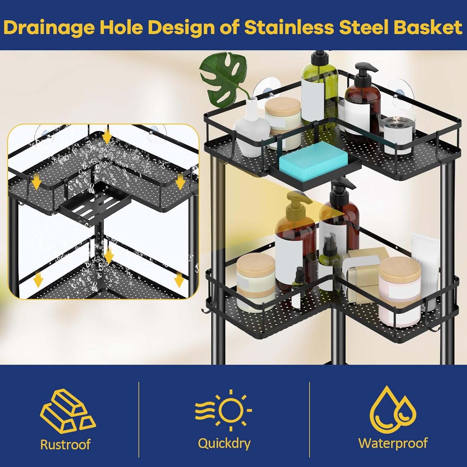 Verdenu Corner Shower Caddy, 4 Tier Standing Shower Caddy for Shampoo Storage with Soap Holder, Stainless Steel Corner Shelf with 4 Hooks, Bathroom Organizers and Storage for Shower Organizer