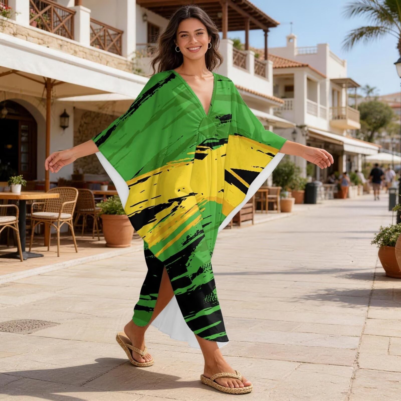 Maxi abito da donna caftano con scollo a V, maniche a pipistrello, copricostume da spiaggia taglie forti abiti estivi da spiaggia