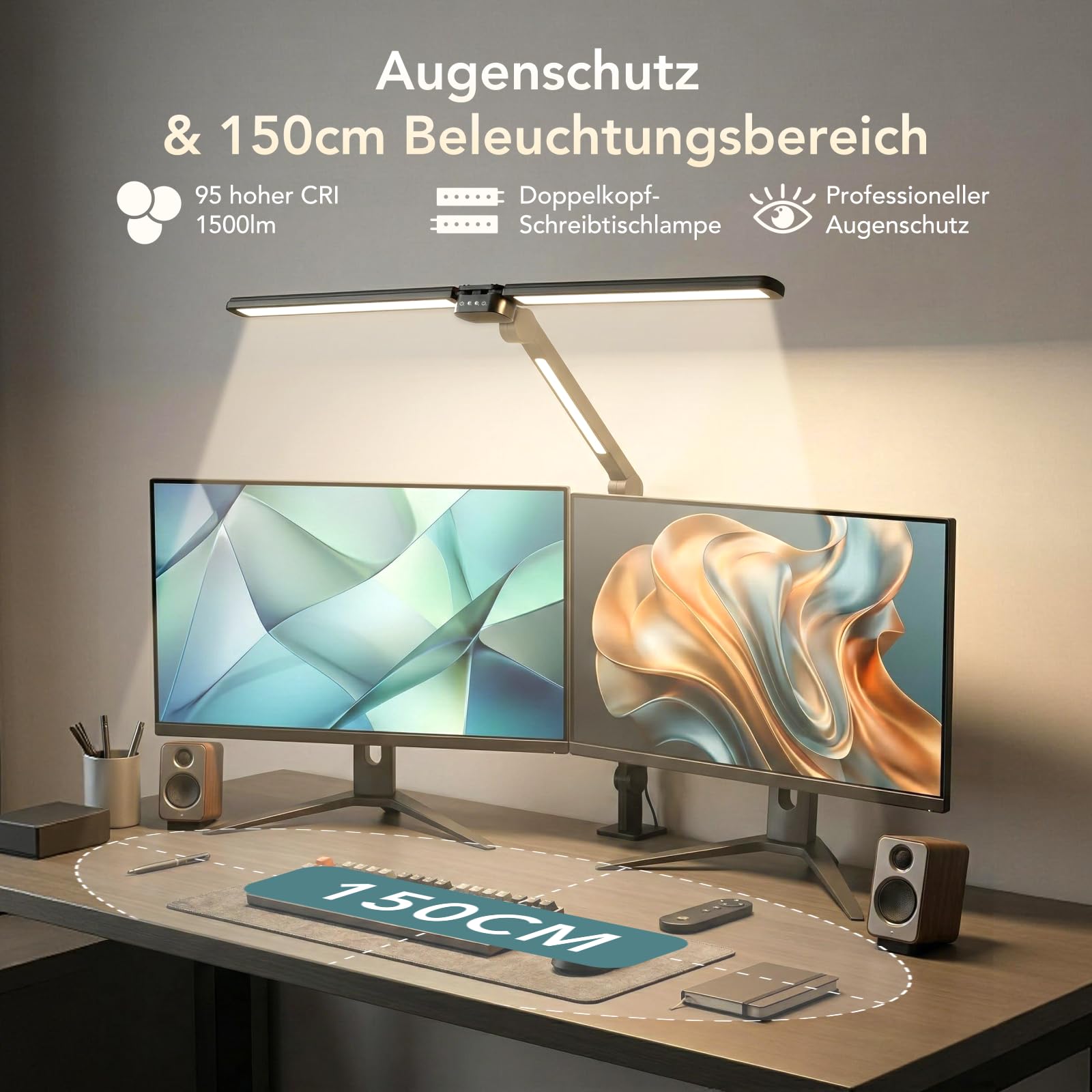 Tomshine LED Schreibtischlampe 24W Doppelkopf Klemmleuchte Dimmbar mit Fernbedienung, 272 LEDs 1500LM CRI 95+ Hell, 4 Farben Timer, Augenschonende Architektenlampe für Büro
