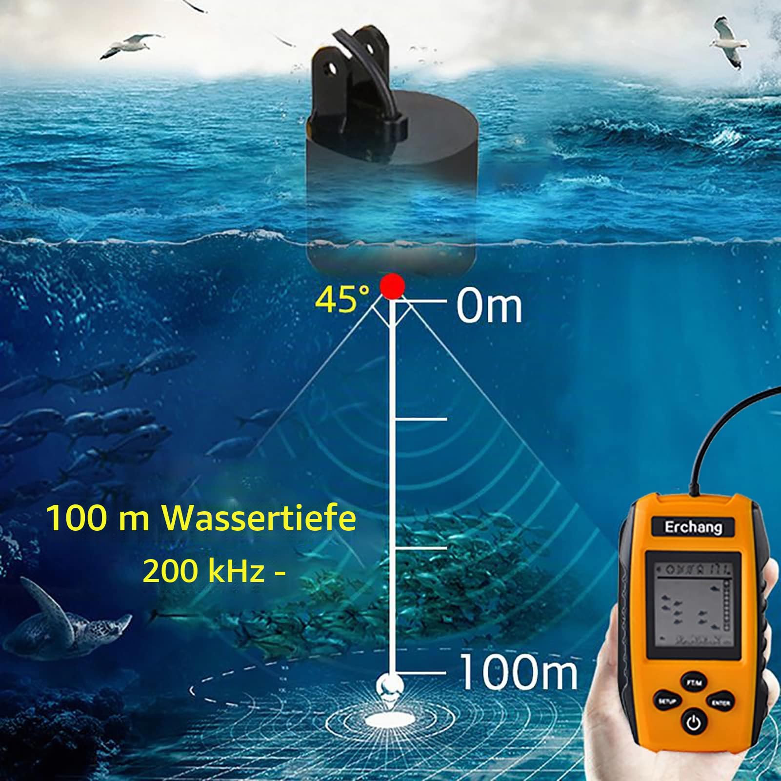 Fischfinder & Tiefenmesser, Konturanzeige für Fischereiausrüstung Fischtiefen-Tiefenanzeige 3 m (1 m) bis 100 m (3 ft) bis Fishing Finder Kayak, Sonarsensor-Wandler und LCD-Display für Bootsfischerei,