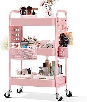 TOOLF 3-Tier Utility Cart, Metal Rolling Storage Cart with DIY Pegboards, Art Craft Trolley with Baskets Hooks, Organizer Serving Cart Easy Assemble for Office, Bathroom, Kitchen, Kids' Room, Pink