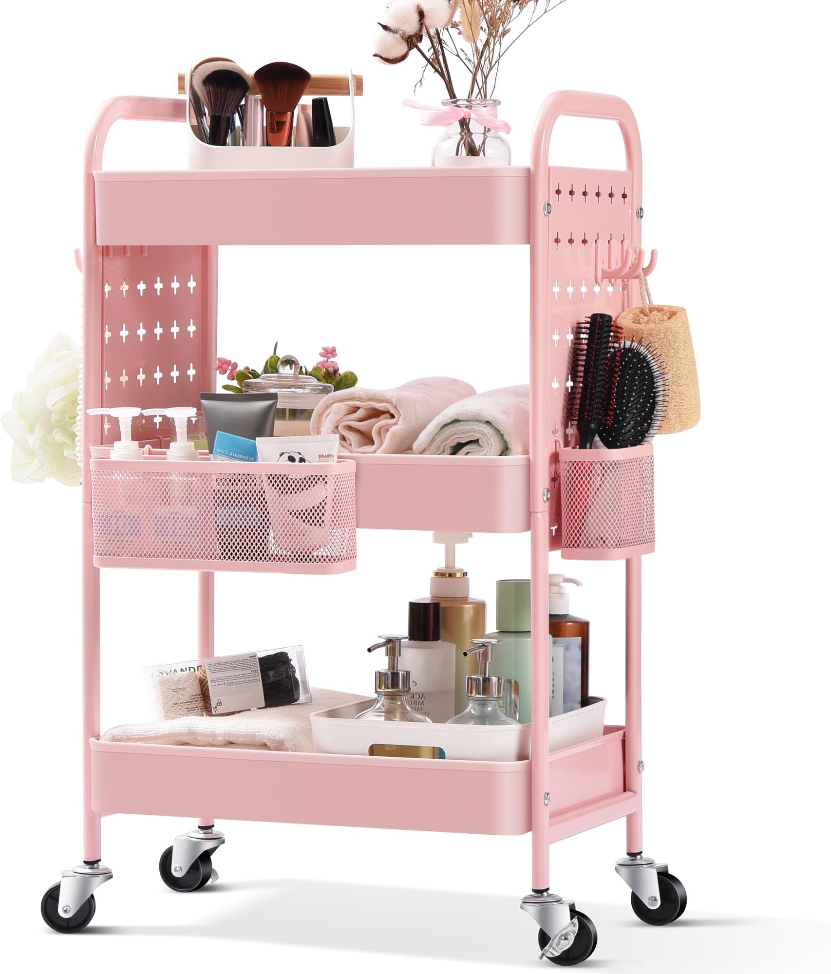 TOOLF 3-Tier Rolling cart, Utility Storage Cart with DIY Dual Pegboards, Art Craft Trolley with Removable Baskets Hooks, Organizer Serving Cart Easy Assemble for Office, Home, Kitchen, Kids' Room,PINK