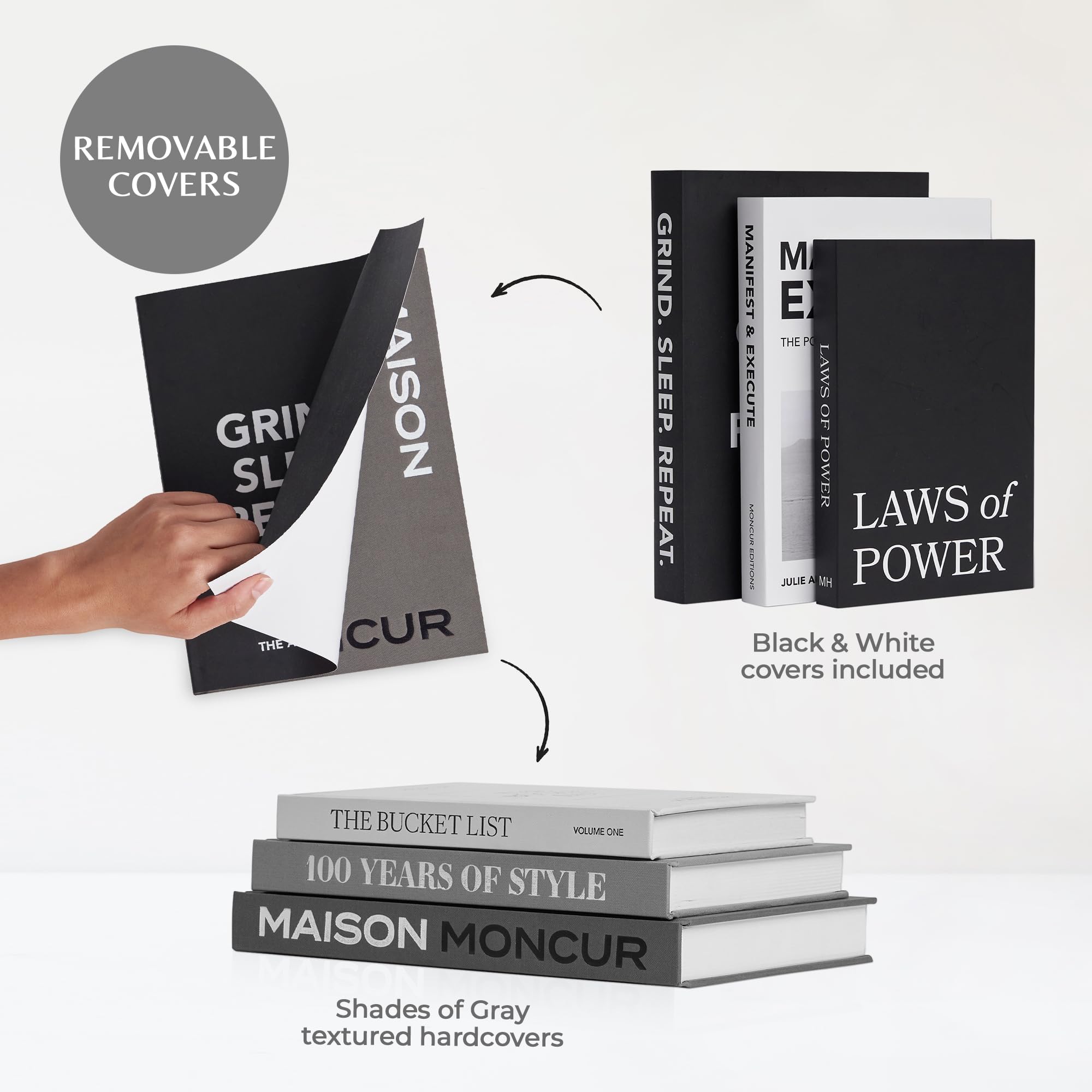Moncur Home Set di 3 libri decorativi per tavolino da caffè, con copertina rimovibile e pagine bianche vere, per arredamento moderno della casa, stile mensola e interni estetici