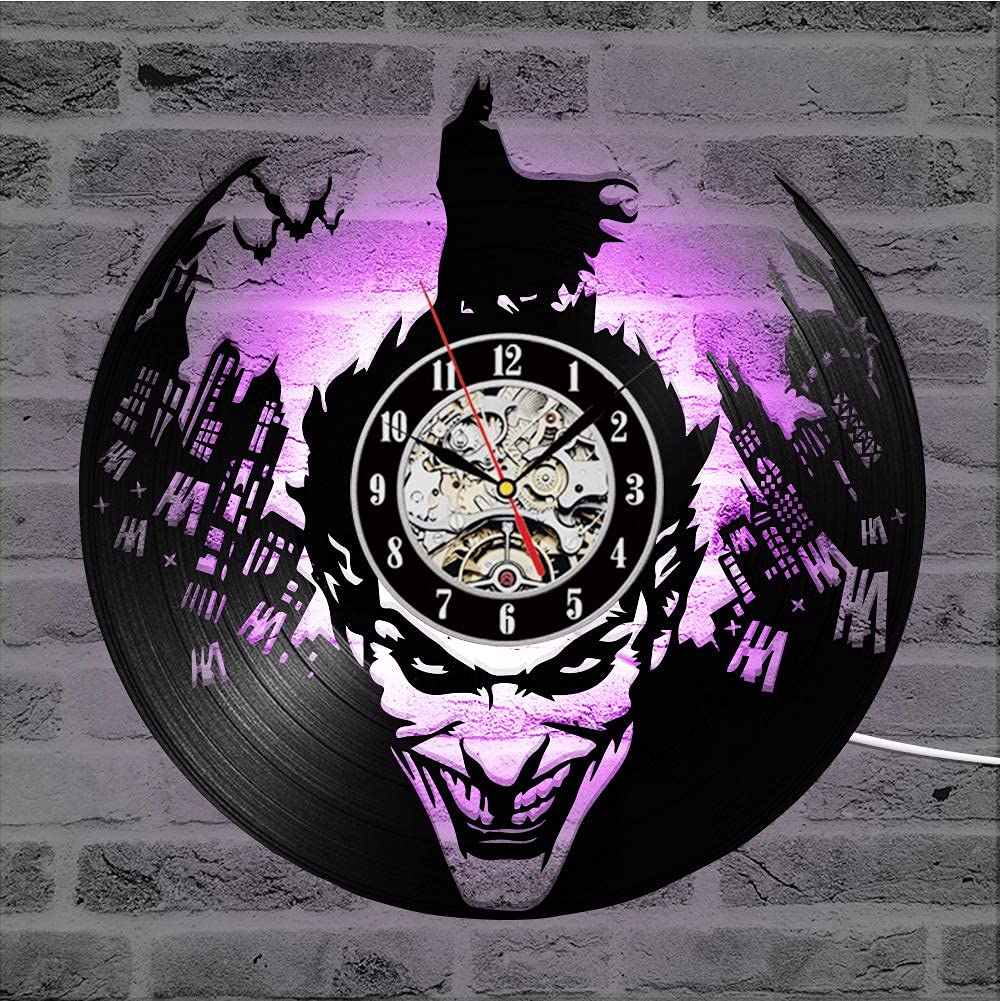 QianZhou-Uk Joker and Bat Hero LED Vinyl Record Wall Clock,7 Color Night Light Clock Unique Home Decor Gifts