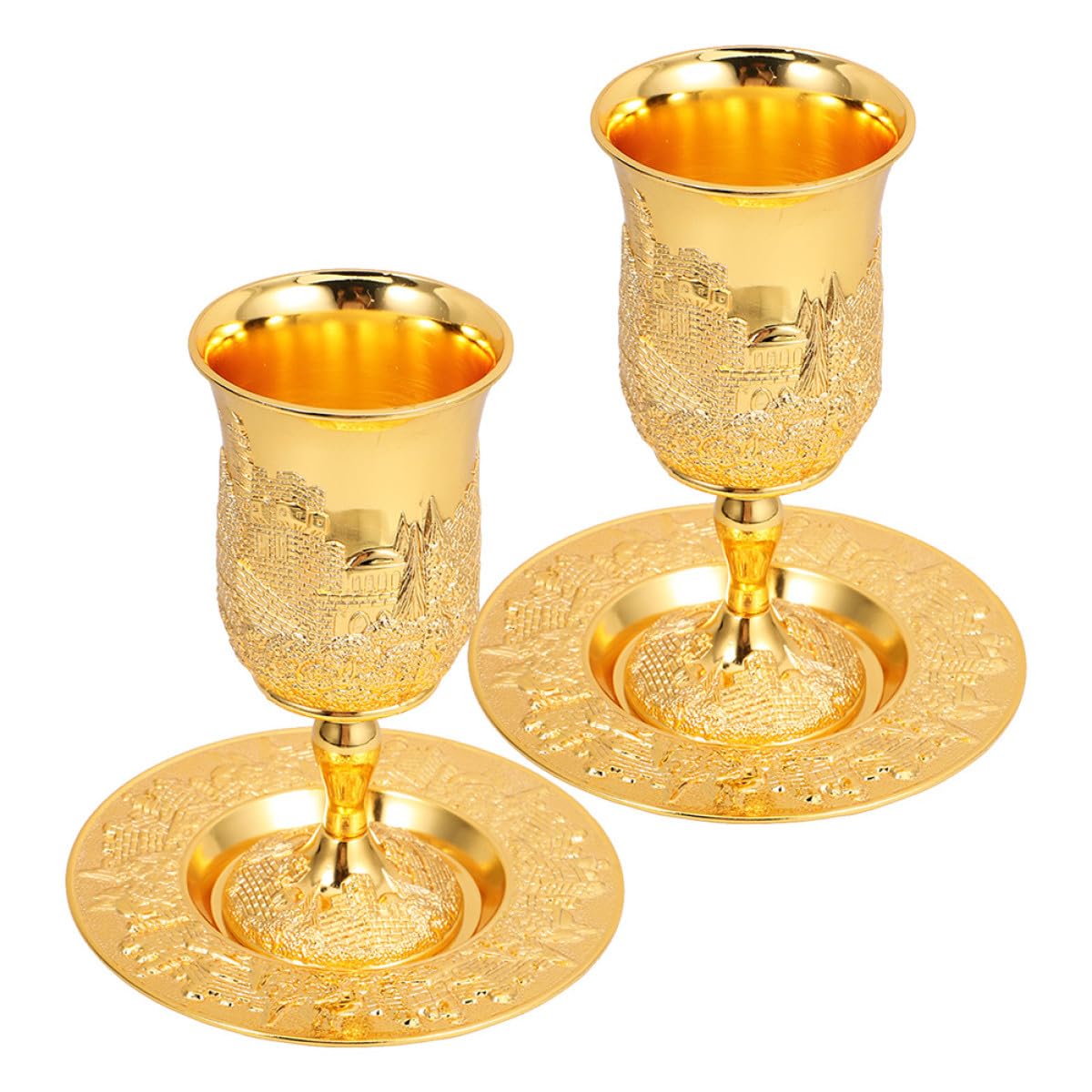 2 Stück Judaica Kiddusch Kelch und Untertasse aus Zinklegierung Geprägter Schabbat Weinbecher für Religiöse Zeremonien und Feiertagsrituale Goldfarben