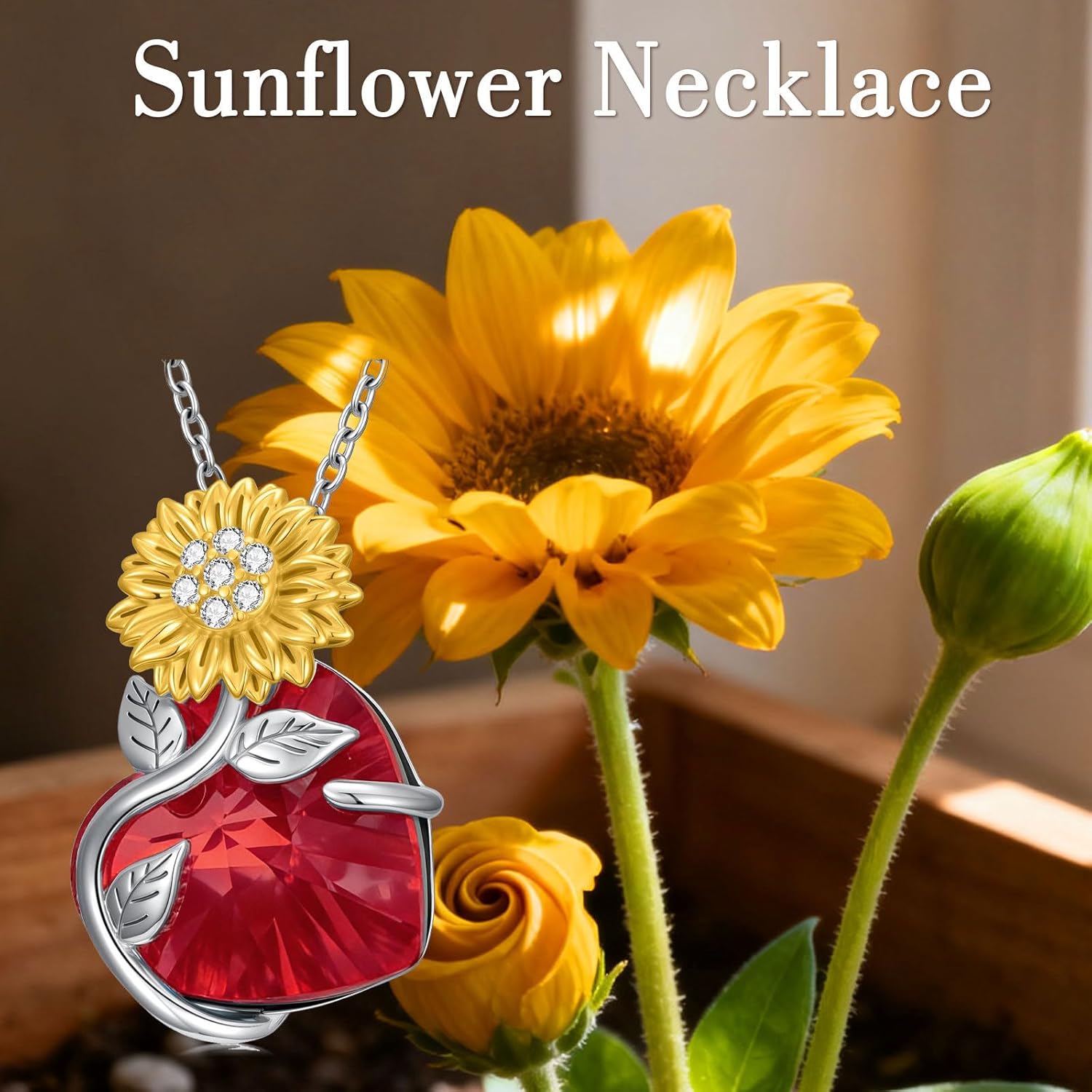 Sunflower Birthstone Necklace for Women 925 Sterling Silver Sunflower Pendant Necklace with Heart Birthstone Jewelry Gift for Mom Wife