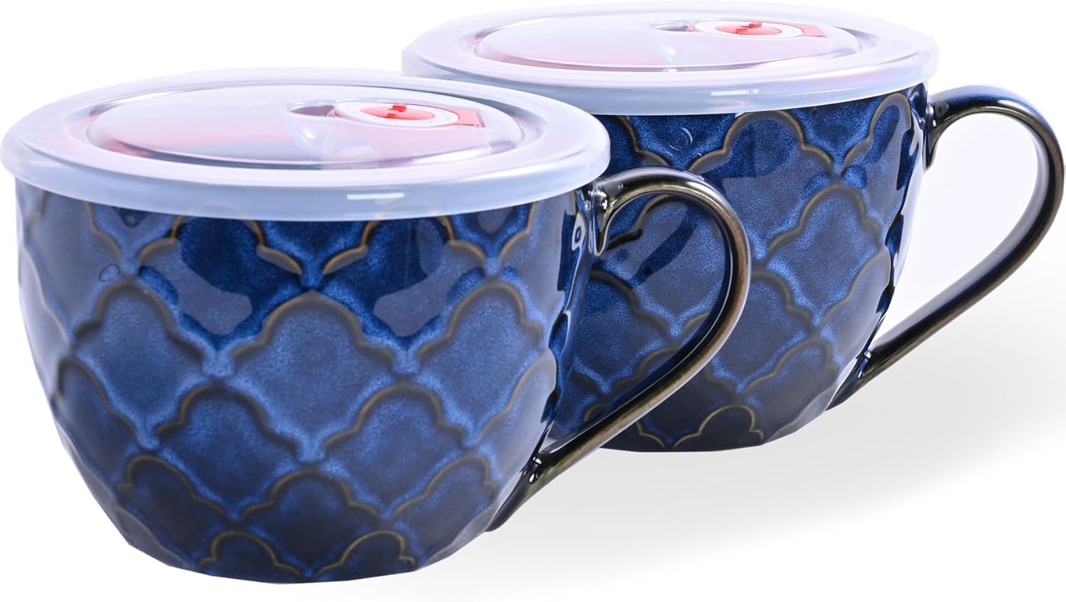 Ceramic Soup Bowl with Handle, 24 oz Microwave Safe Soup Mug/Cup with Lid, Large Ceramic Mug for Coffee, Cereal, Oatmeal, Salad, Ramen, Noodle, Soup, Set of 2 - Reactive Glaze Blue