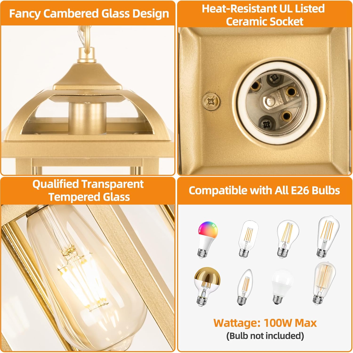 Gold Outdoor Pendant Light for Porch Fully Enclosed, 16 Inch Large Exterior Hanging Light Aluminum Made Anti-Corrosion Outside Ceiling Mount Lights Brass Chandelier Entry Light, E26