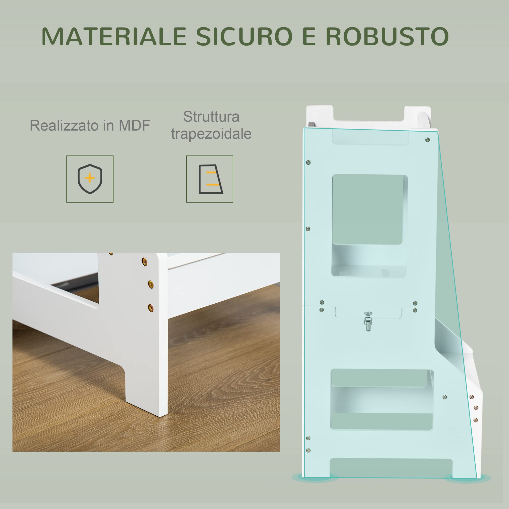 HOMCOM Scala Montessori 2 in 1 in MDF Staccabile, Torre Montessoriana per Bambini 3-6 Anni, Torre di Apprendimento con Sgabello, Lavagna, Corrimano e Parapetti inclusi, Bianco