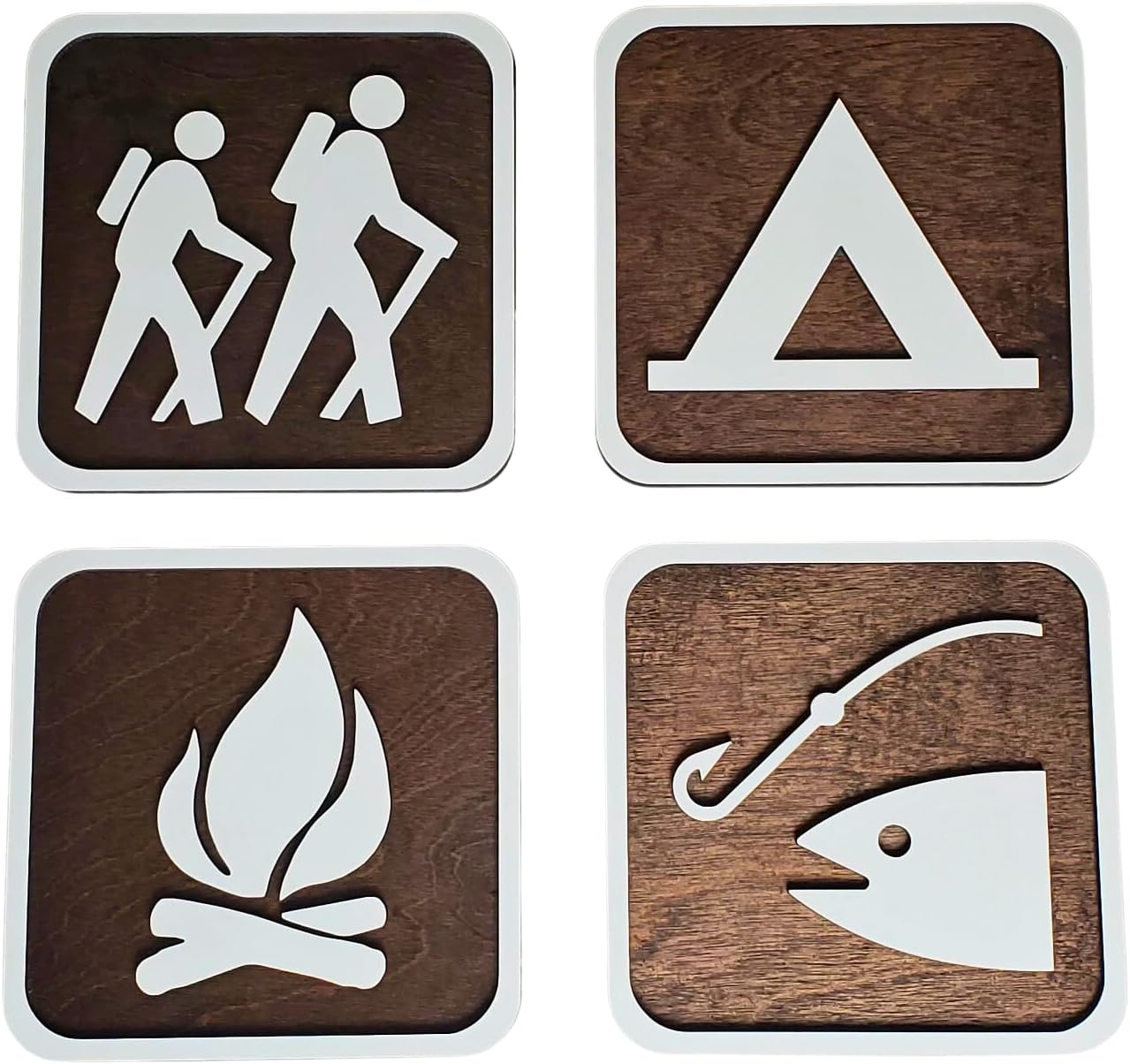 National Park Sign, Hiking Trail Symbol, Camping Wall Art Set, Recreation Plaques, Nursery Gift, Cabin Decor, Choose From 150 Icons (Set of 4 Custom Signs, Medium (7.25"))